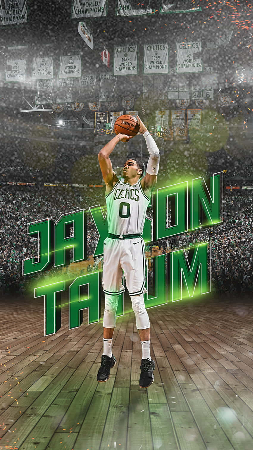塞爾提克隊是波士頓的心與靈魂 壁紙 — Jayson Tatum 身穿塞爾特人球衣，在場館燈光下空中投籃，身後有冠軍旗幟。