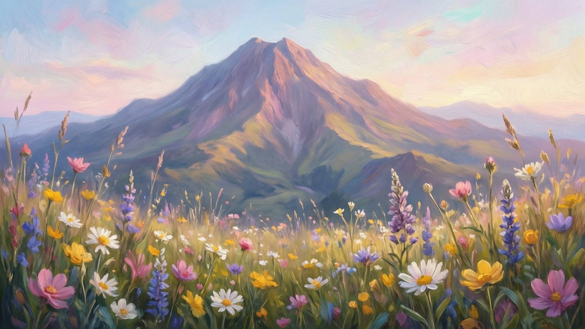塞羅德拉西拉夢境 壁紙 — 前景是一片充滿活力的野花田，雄偉的山脈在柔和的粉彩天空下升起。