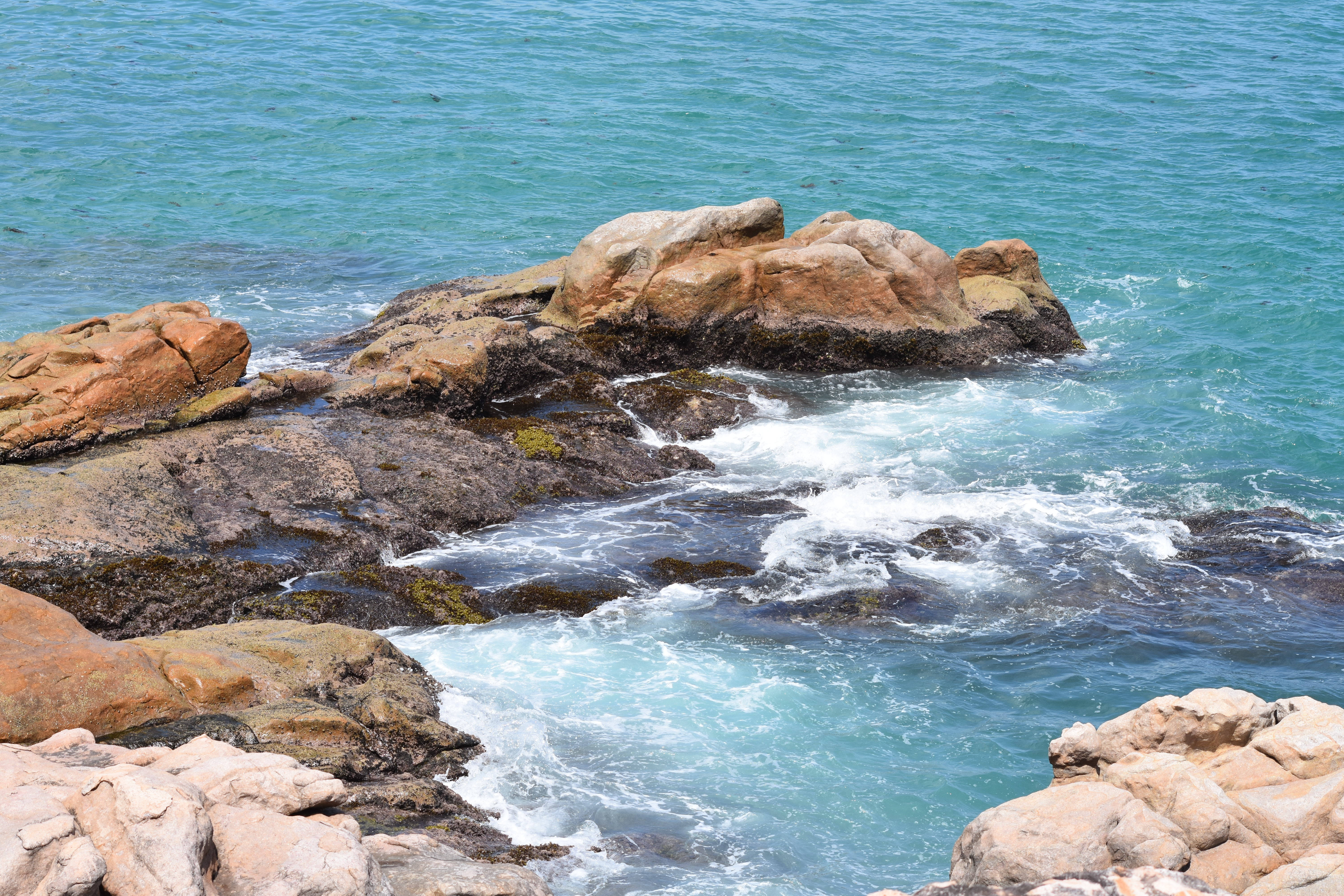 塞舌爾岩石海岸 壁紙 — 綠松石色的海浪拍打著崎嶇的陽光照射的岩石，呈現出充滿活力的海岸場景。
