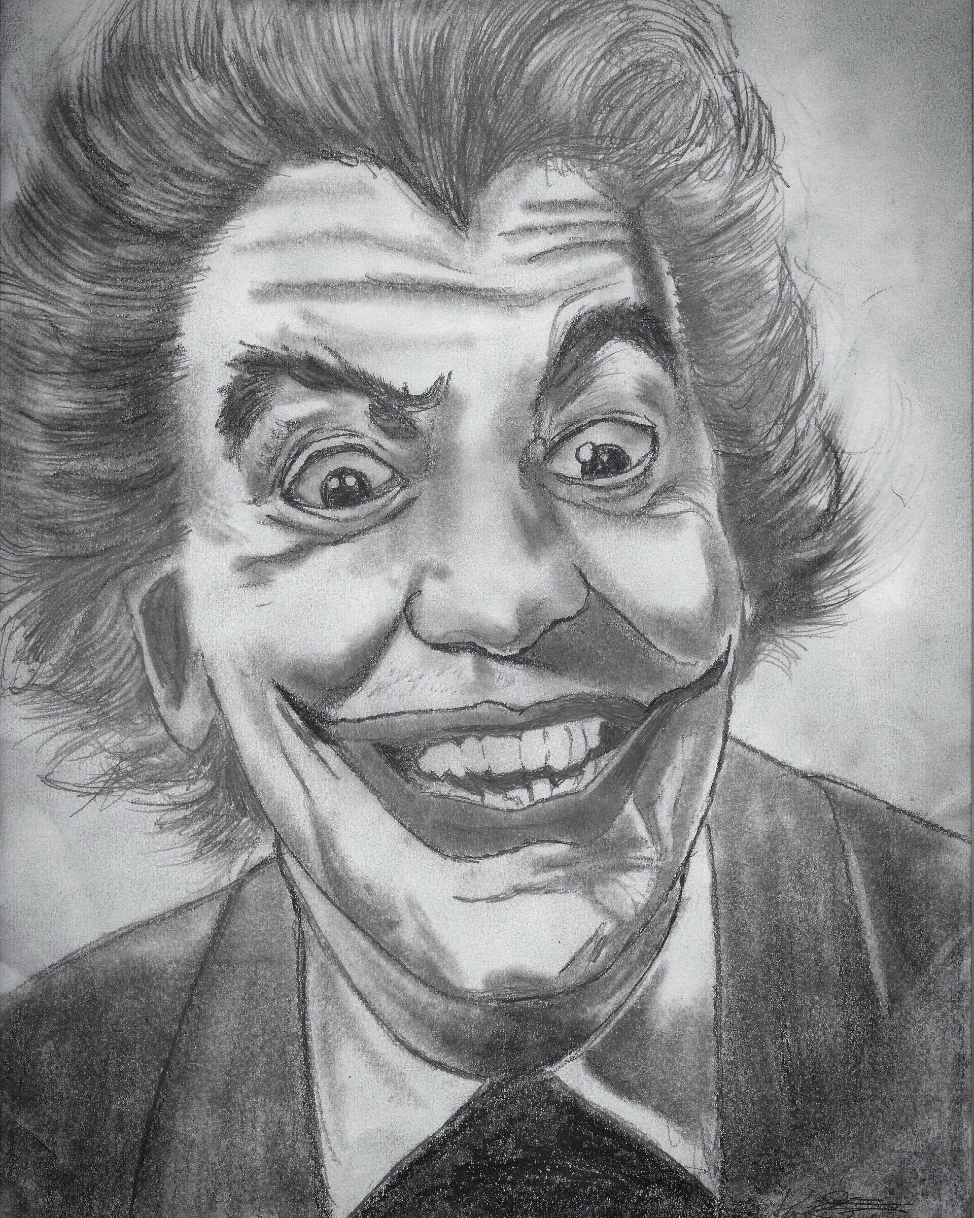 塞薩爾·羅梅羅小丑素描 壁紙 — 一幅詳細的鉛筆素描，描繪小丑，有著狂野的頭髮和寬闊的邪惡笑容。