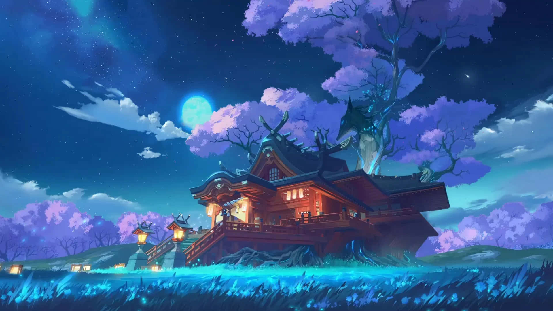 一個發光的紅色神社漂浮在發光的水面上，在滿月下的星空夜空下。