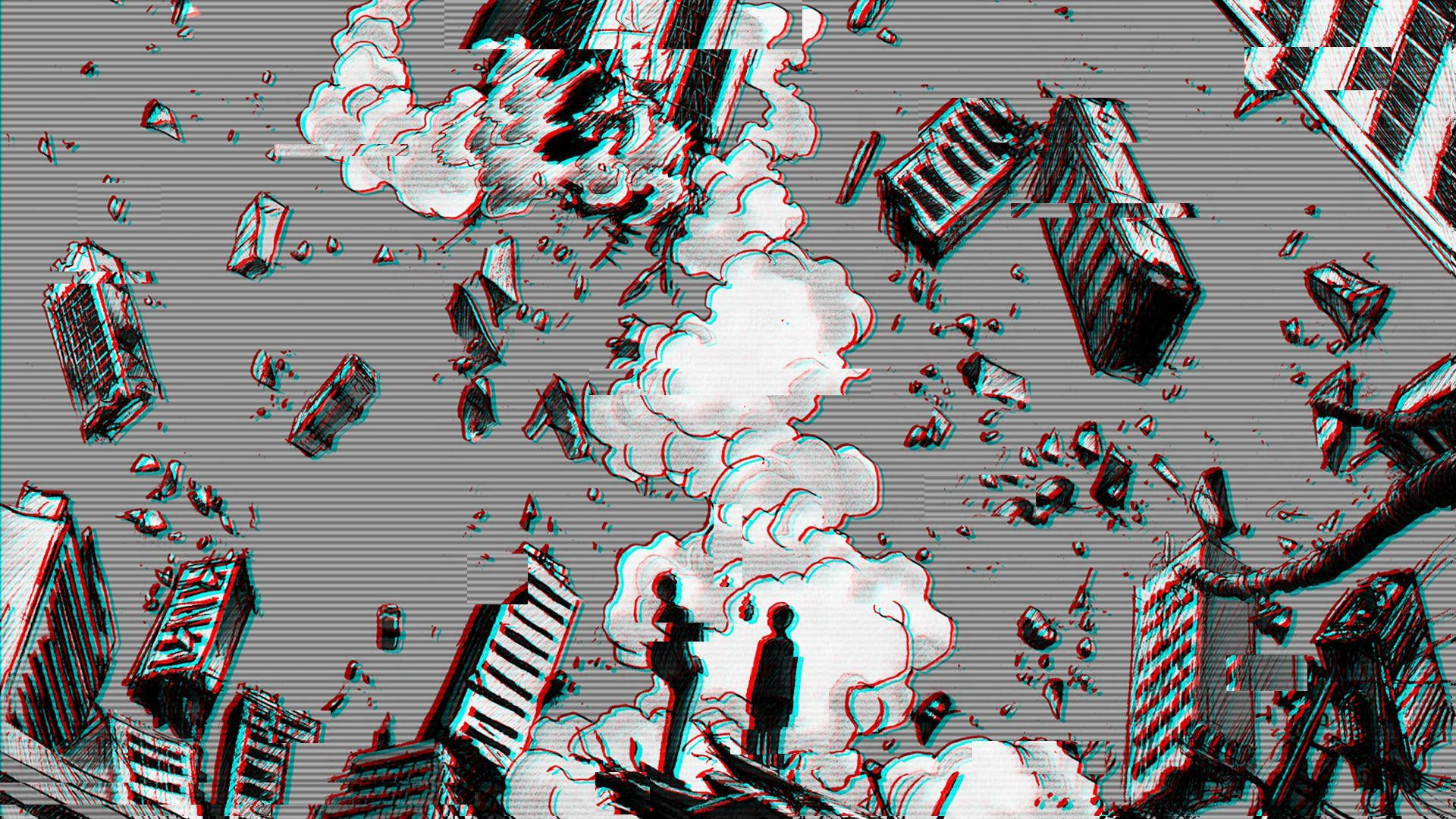 填滿內心的空虛；探索其他可能性 壁紙 — 兩個剪影人物站在浮動摩天大樓和煙霧之中，處於一個帶有故障效果的3D渲染末日城市景觀。