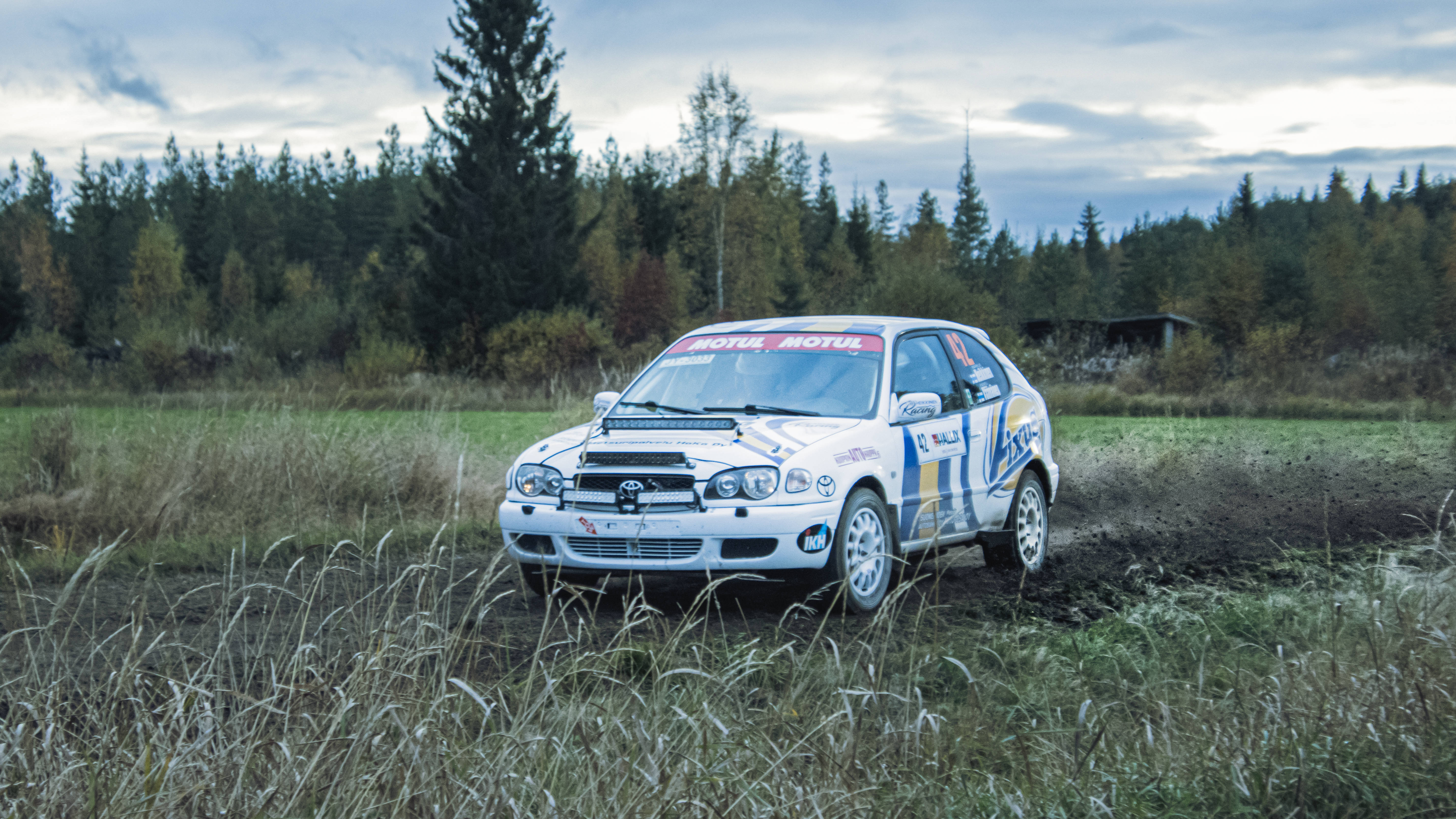 《塵土拉力賽》Toyota Corolla WRC 壁紙 — 一輛白色拉力賽車在陰天之下，於秋樹環繞的草地上飛馳，濺起泥濘。