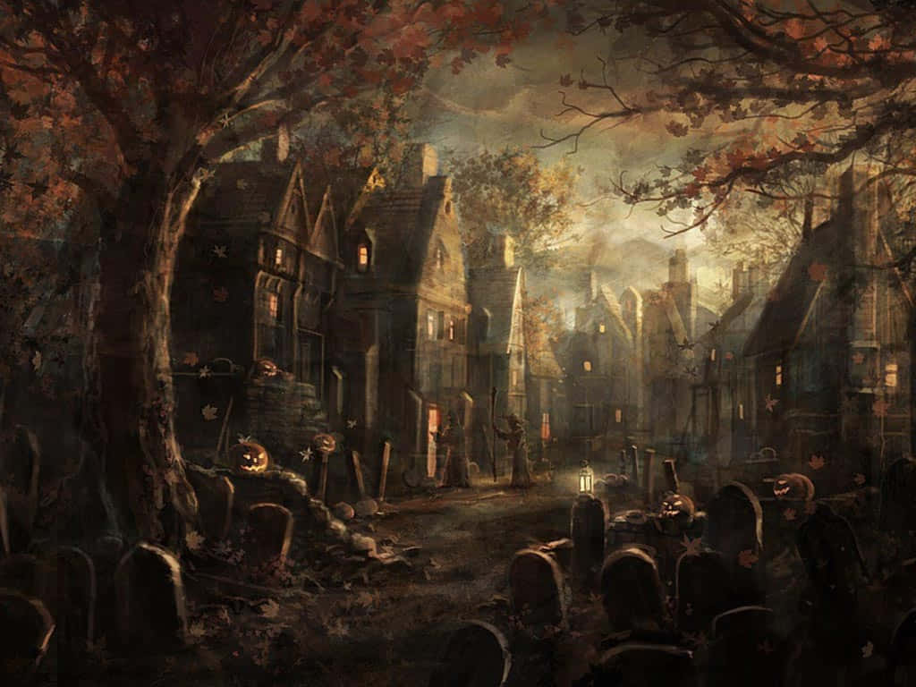 墓園鎮審美恐怖萬聖節背景 壁紙 — 一個陰森詭異的萬聖節村莊，有發光的南瓜燈、古老的墓碑，以及在暮色天空下旋轉的秋葉。