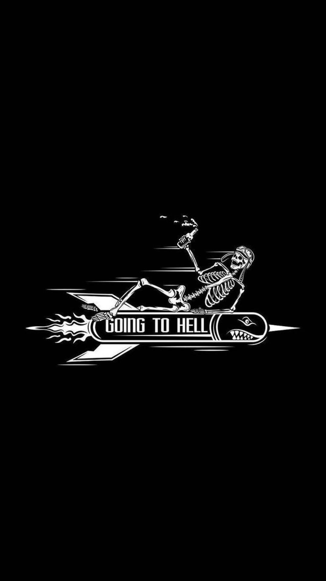 骷髏騎著標有going to hell的火箭，帶有火焰。