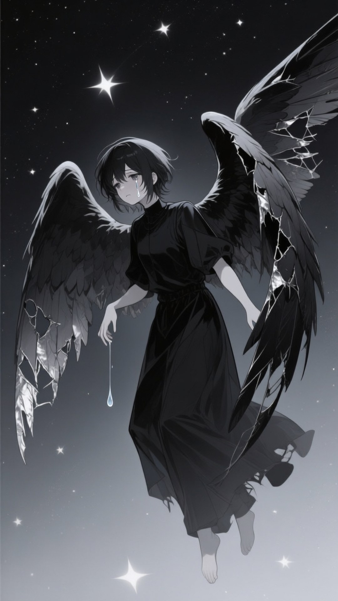 一個悲傷的動漫天使，帶著破碎的黑色翅膀，漂浮在星空夜空中，流下一滴眼淚。