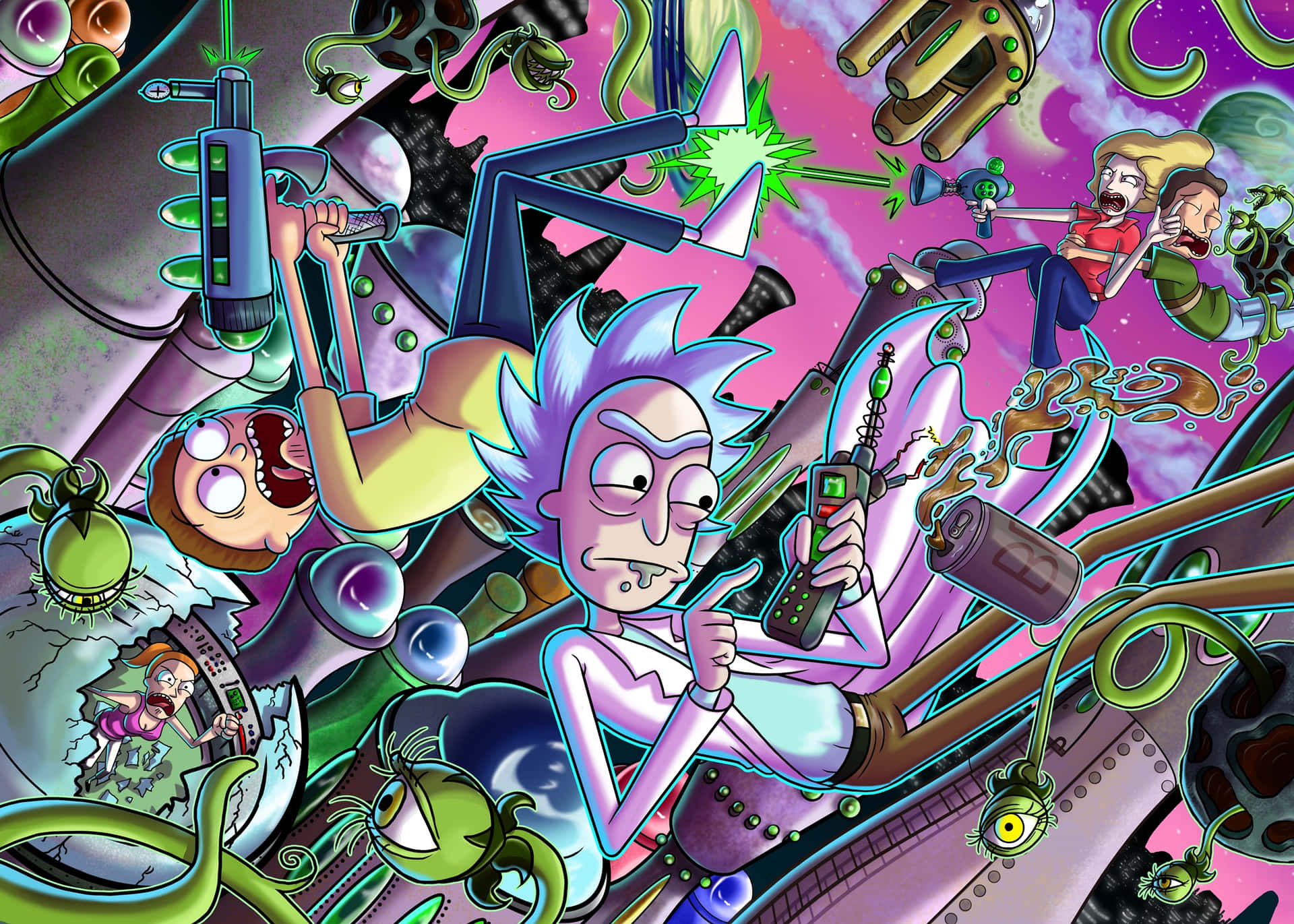 Rick Sanchez 和 Morty Smith 在一場混亂的科幻爆炸中與外星生物一起。