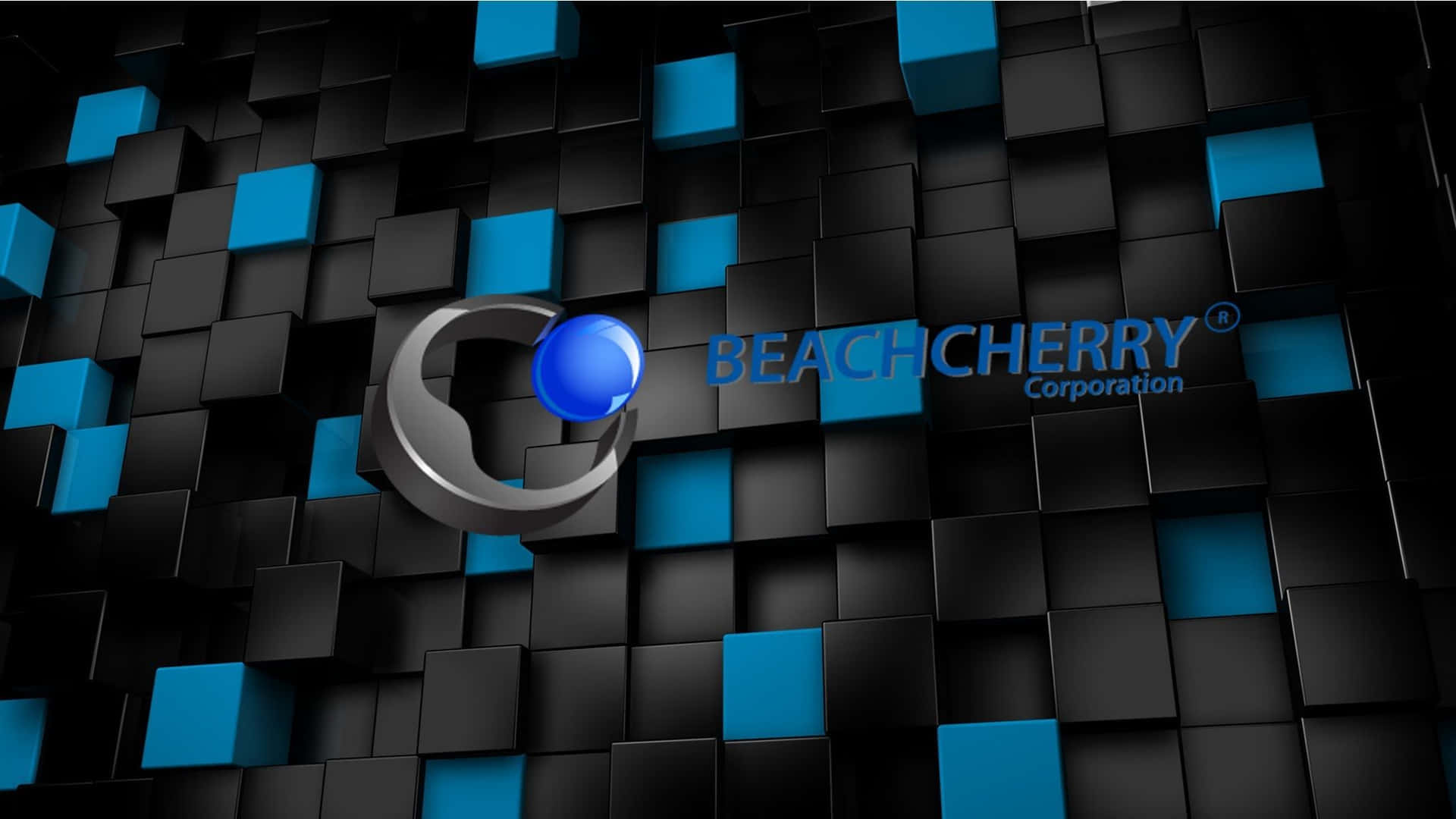BeachCherry Corporation 標誌在黑色和藍色立方體牆上
