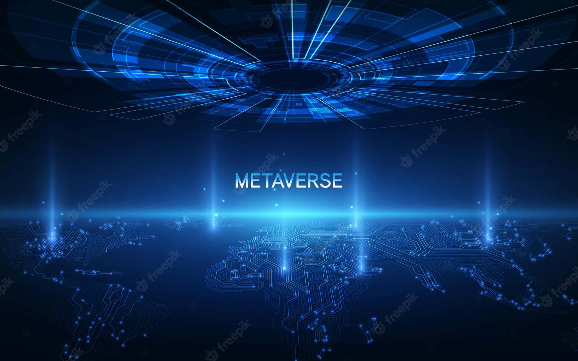 發光的藍色電路在標有 metaverse 的數位數據介面下形成世界地圖。