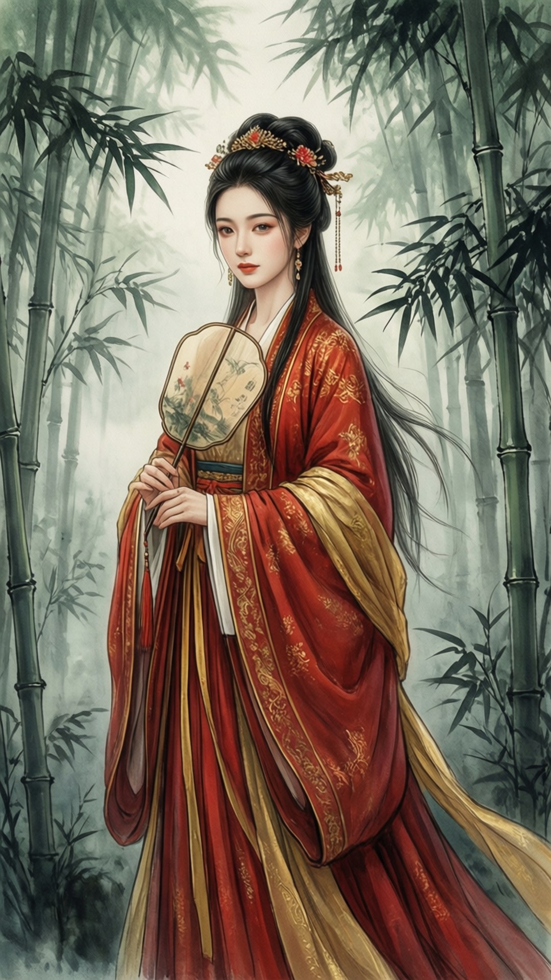 一位身穿紅金色傳統長袍的女士在煙霧繚繞的竹林中手持扇子。
