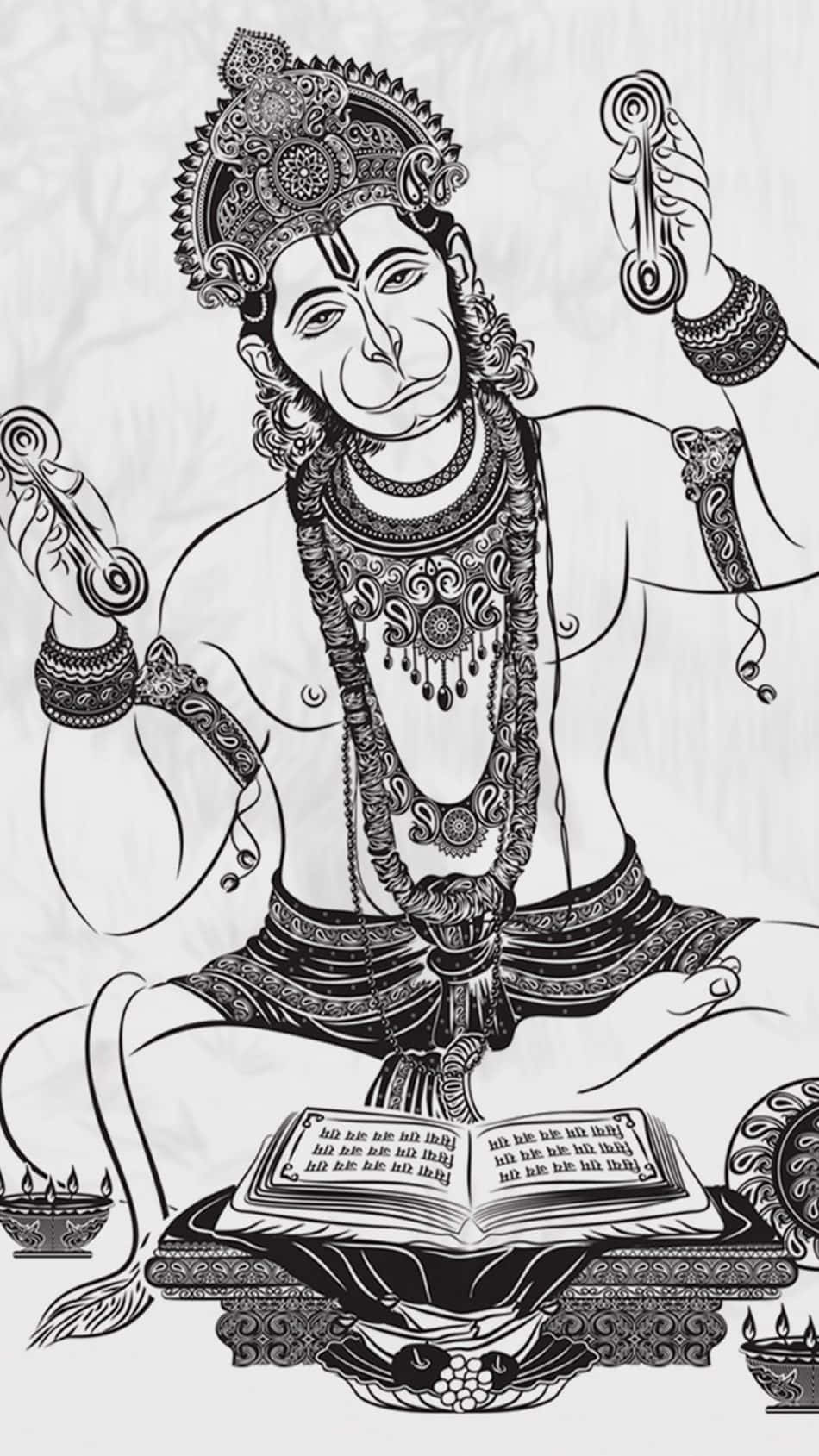 墨線漢uman神圖像 壁紙 — 一幅詳細的黑白線條藝術插圖，描繪一位坐著的神祇，戴著華麗的王冠、珠寶，並在基座上放著一本打開的書。