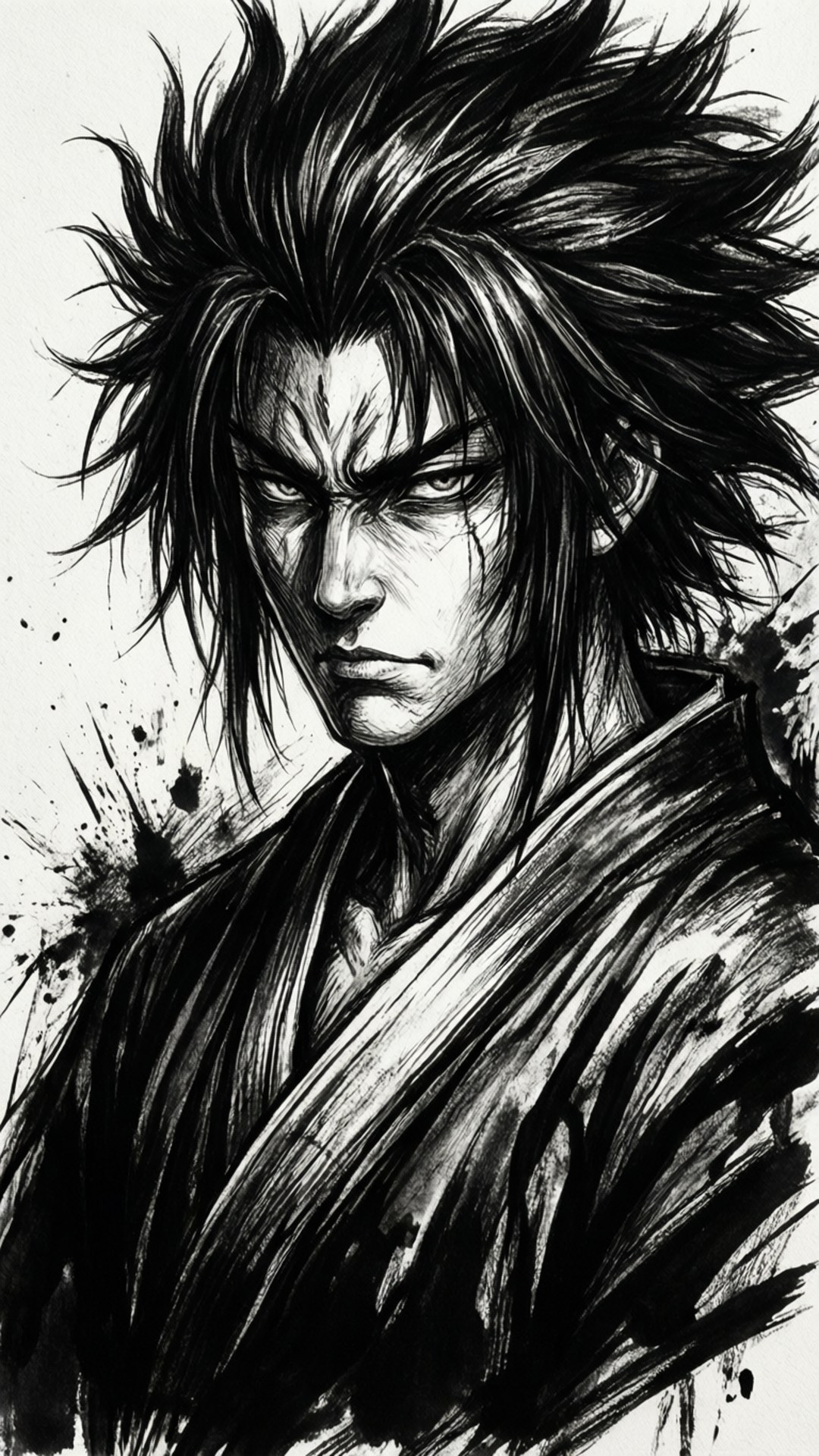 墨色惡魔 壁紙 — 一個兇猛的武士，有著狂野的黑髮和銳利的眼神，在帶有飛濺墨跡效果的戲劇性黑白水墨畫中直視前方。