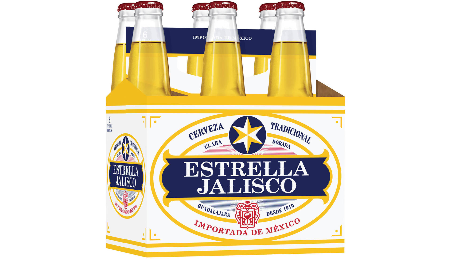 六罐裝 Estrella Jalisco 啤酒瓶，金色液體，藍黃色包裝。