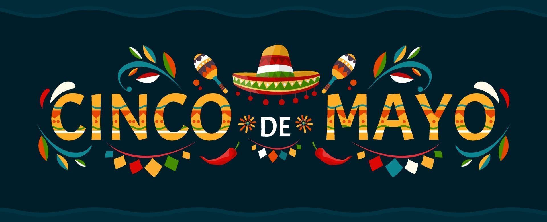 Cinco de Mayo 慶祝橫幅，帶有節日裝飾和文字。