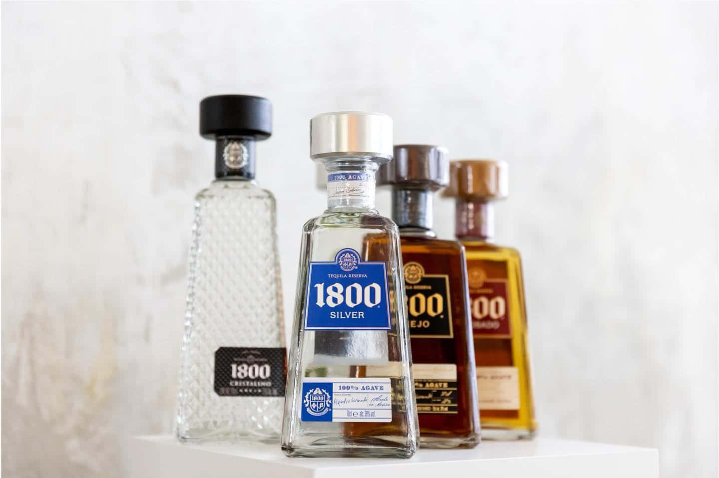 墨西哥品牌1800龍舌蘭酒多款瓶裝 壁紙 — 四款不同顏色和設計的1800龍舌蘭酒瓶整齊地排列在白色表面上，背景是柔軟的紋理牆壁。