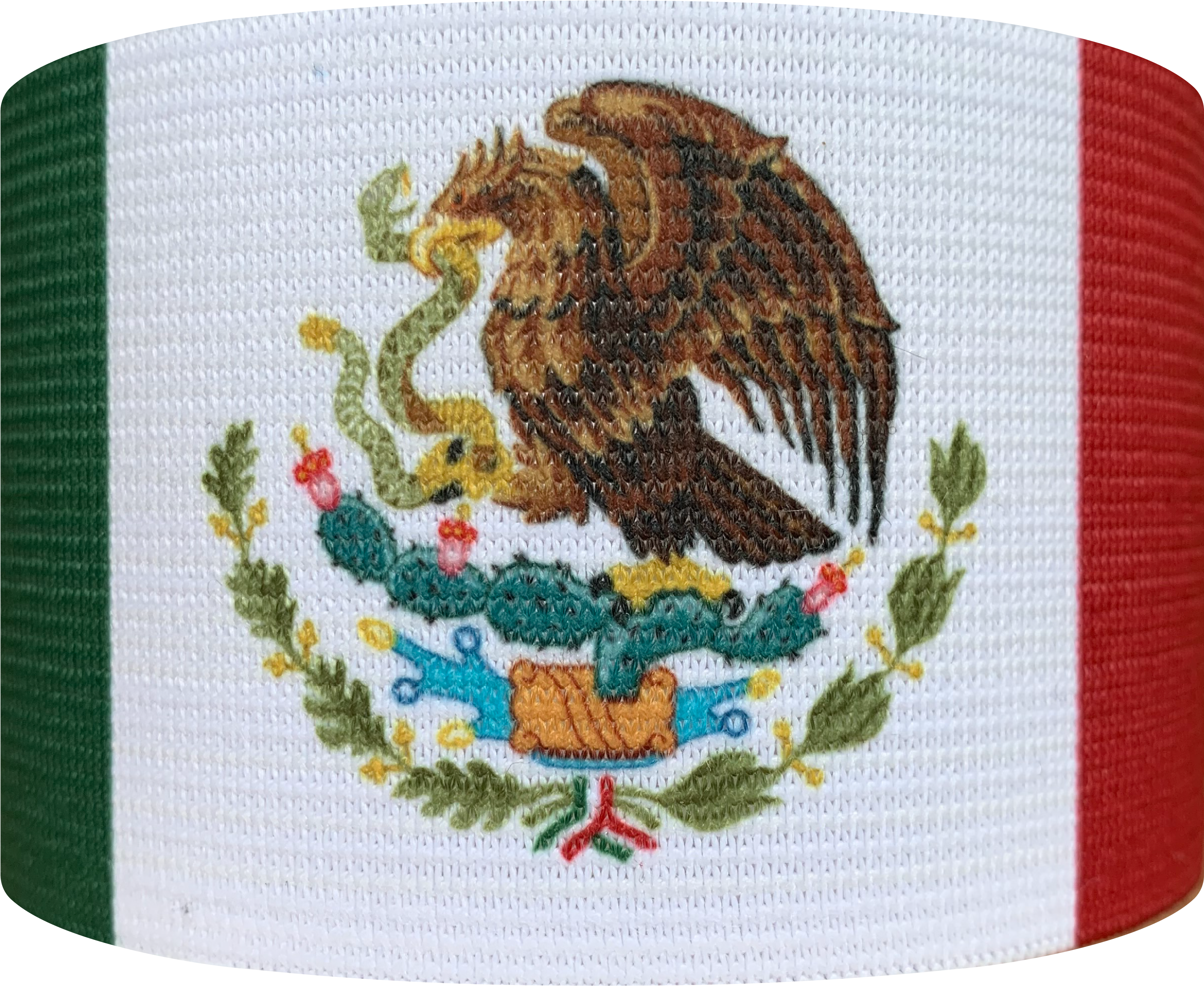 墨西哥國旗繡花 壁紙 — 墨西哥國旗刺繡特寫，老鷹在仙人掌上吞噬蛇，以鮮豔色彩繡在質感布料上。