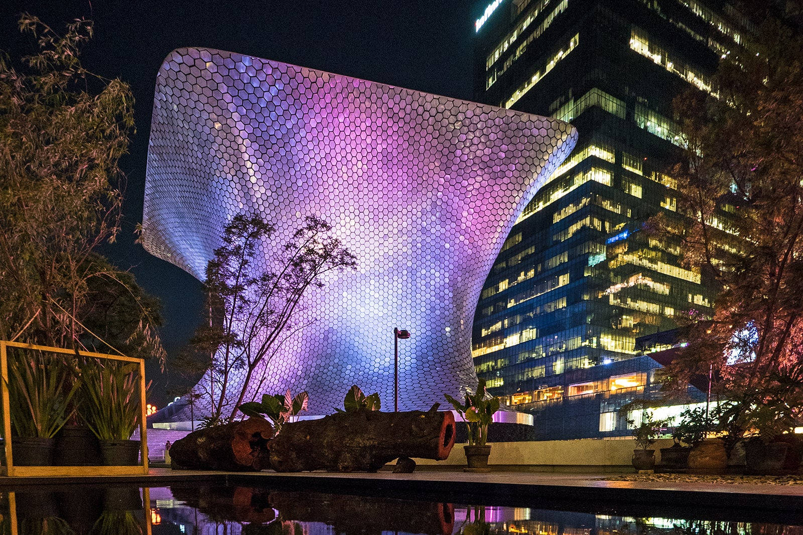 墨西哥城蘇馬亞博物館夜景 壁紙 — 一個發光的紫色蜂巢雕塑在夜晚矗立在玻璃摩天大樓旁，倒映在一個被樹木環繞的平靜水池中。