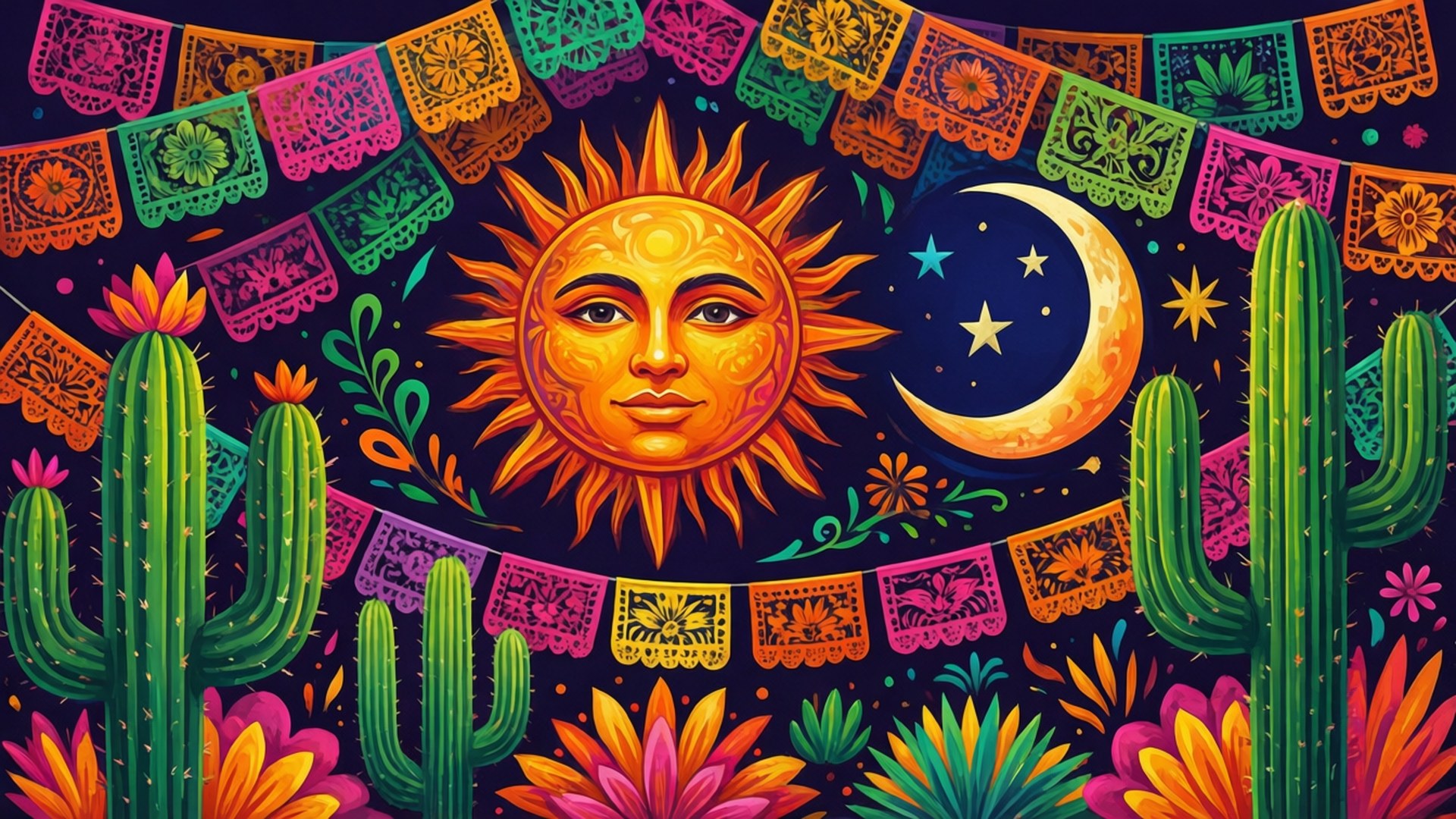 以鮮豔色彩呈現太陽、月亮、仙人掌和 papel picado 橫幅的天體場景