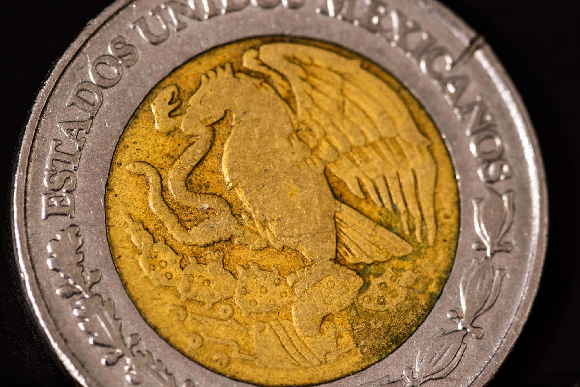 Beautiful Macro 桌布 壁紙 — 墨西哥硬幣特寫，顯示金色雄鷹在仙人掌上吞噬蛇，銀色邊緣及雕刻文字。