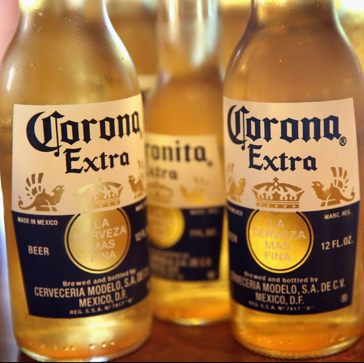 墨西哥科羅娜特級啤酒釀造 壁紙 — 三瓶Corona Extra啤酒，裝有金色液體和標誌性標籤，緊密地放在木質表面上。
