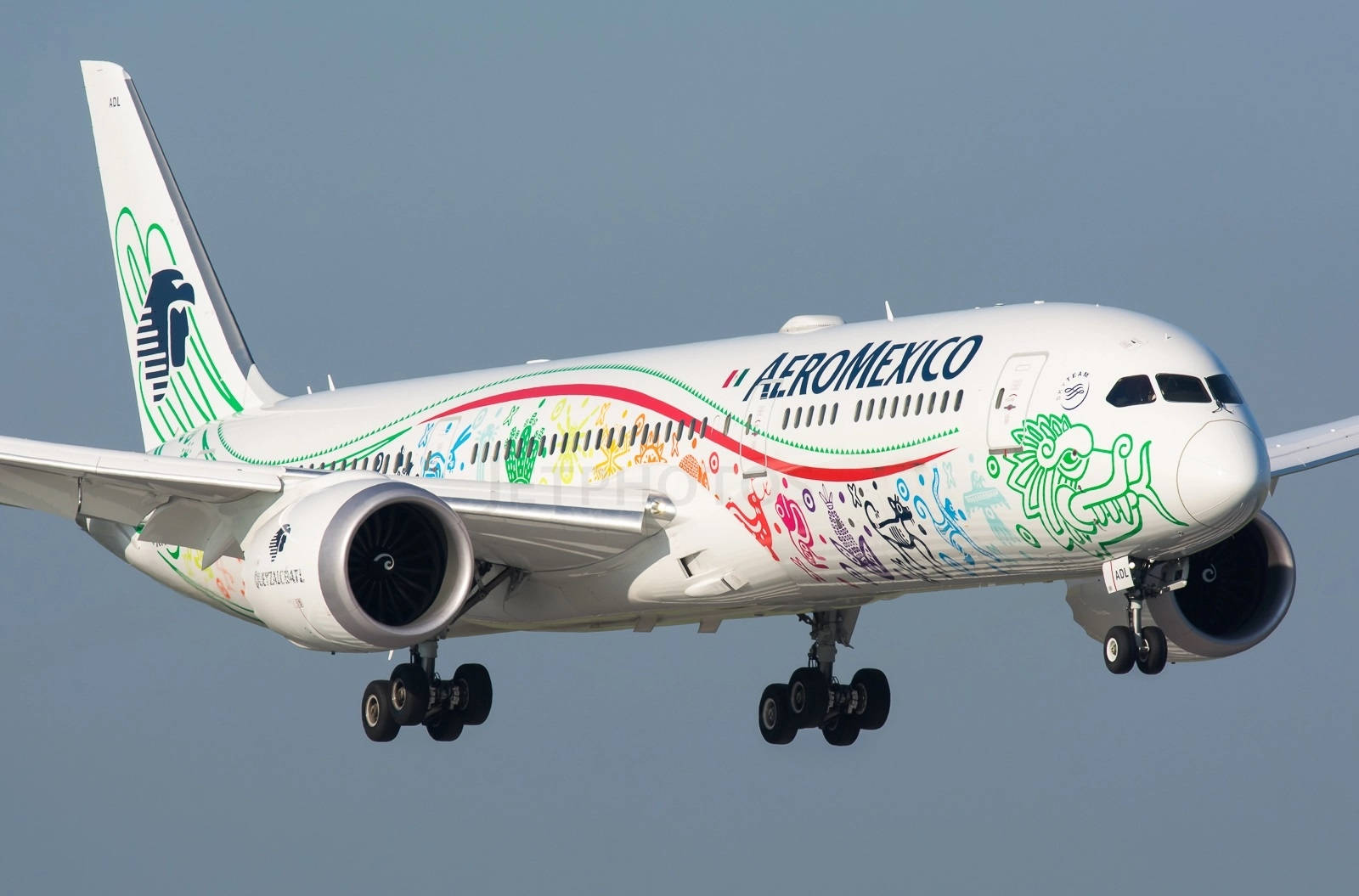 Aeromexico 飛機帶有色彩繽紛的文化藝術，在藍天下著陸。