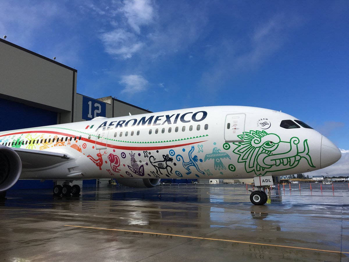 Aeromexico 飛機帶有色彩繽紛的原住民設計，停在潮濕的停機坪上。