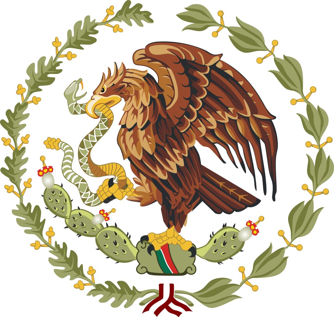 墨西哥鷹國徽插畫 壁紙 — 一隻雄偉的金鷹抓著一條綠白相間的蛇，棲息在仙人掌上，周圍環繞著月桂花環。