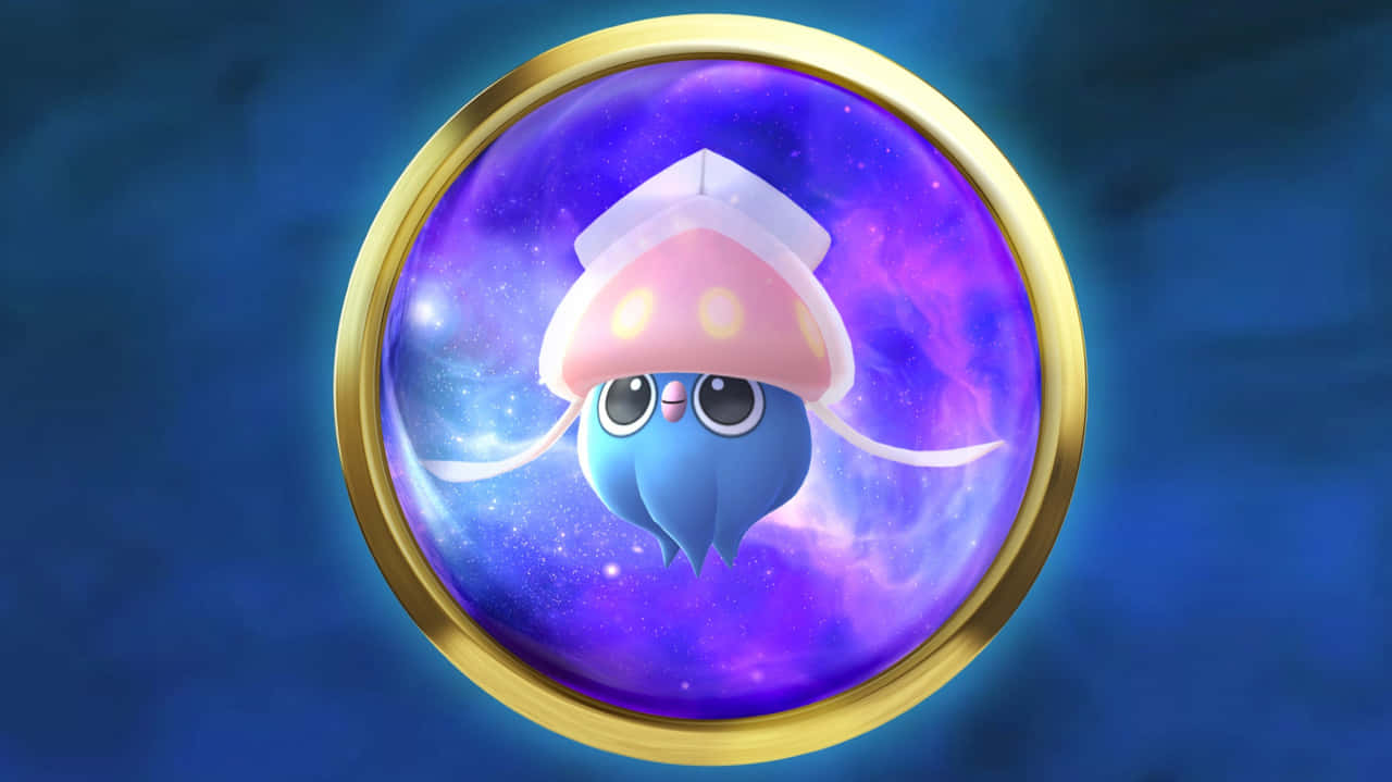 一隻戴著蘑菇帽的卡通魷魚漂浮在帶有金色框架的星空宇宙球體中。