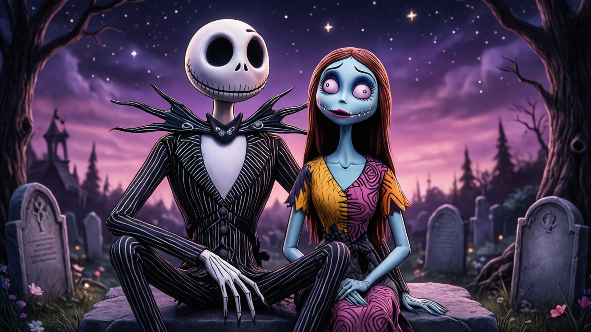 Jack 和 Sally 夜晚喺墓地嘅墓碑上坐喺星星下面。