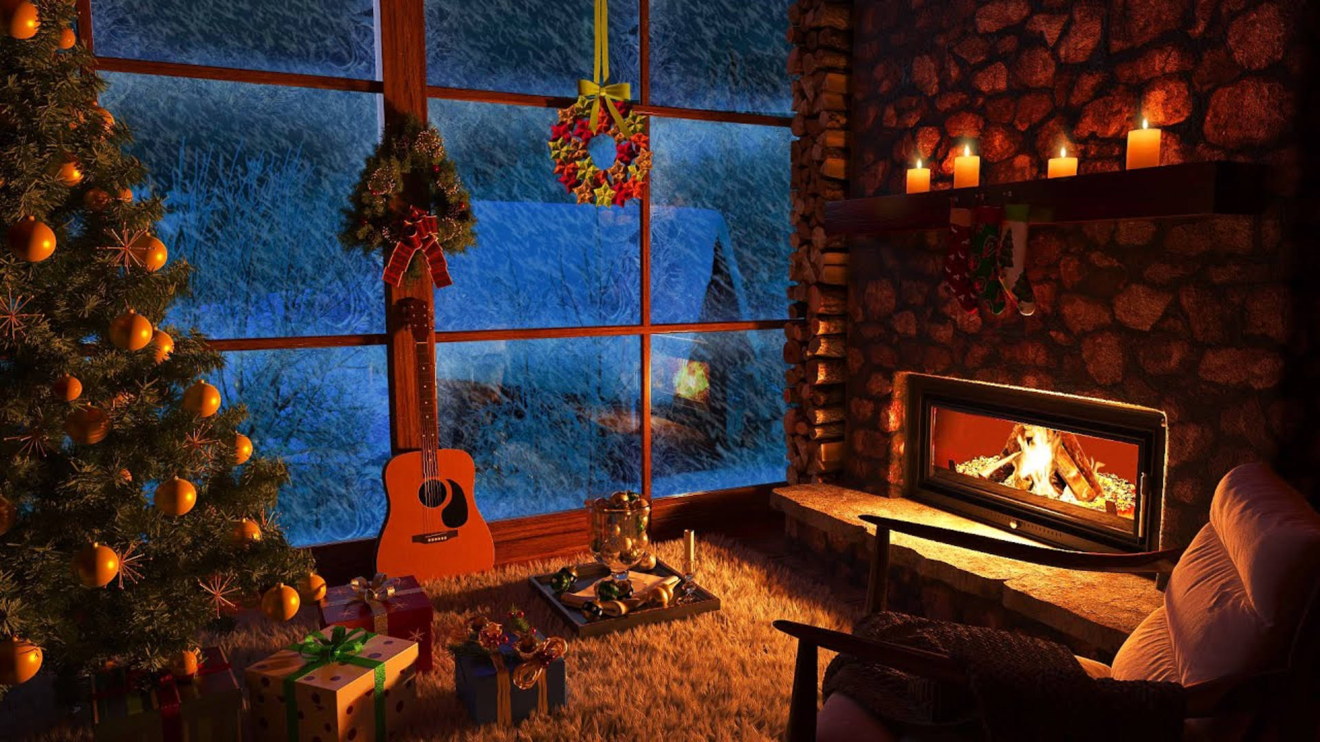 舒適的小屋，有壁爐、聖誕樹和夜晚的積雪窗戶。