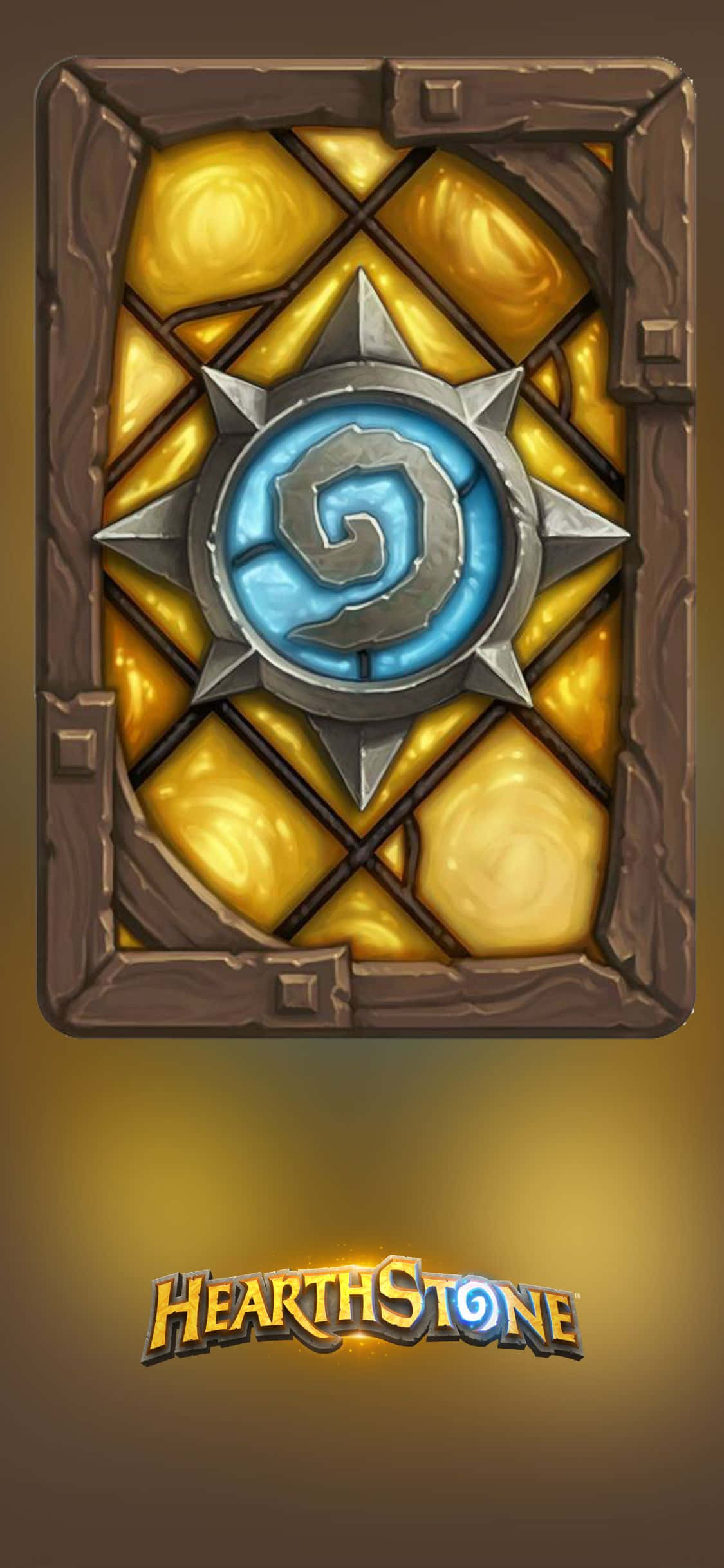 壁爐邊卡背 iPhone XS《爐石戰記》背景 壁紙 — 一個發光藍色嘅Hearthstone標誌，置中喺一個有金色面板同木框嘅彩繪玻璃窗入面。