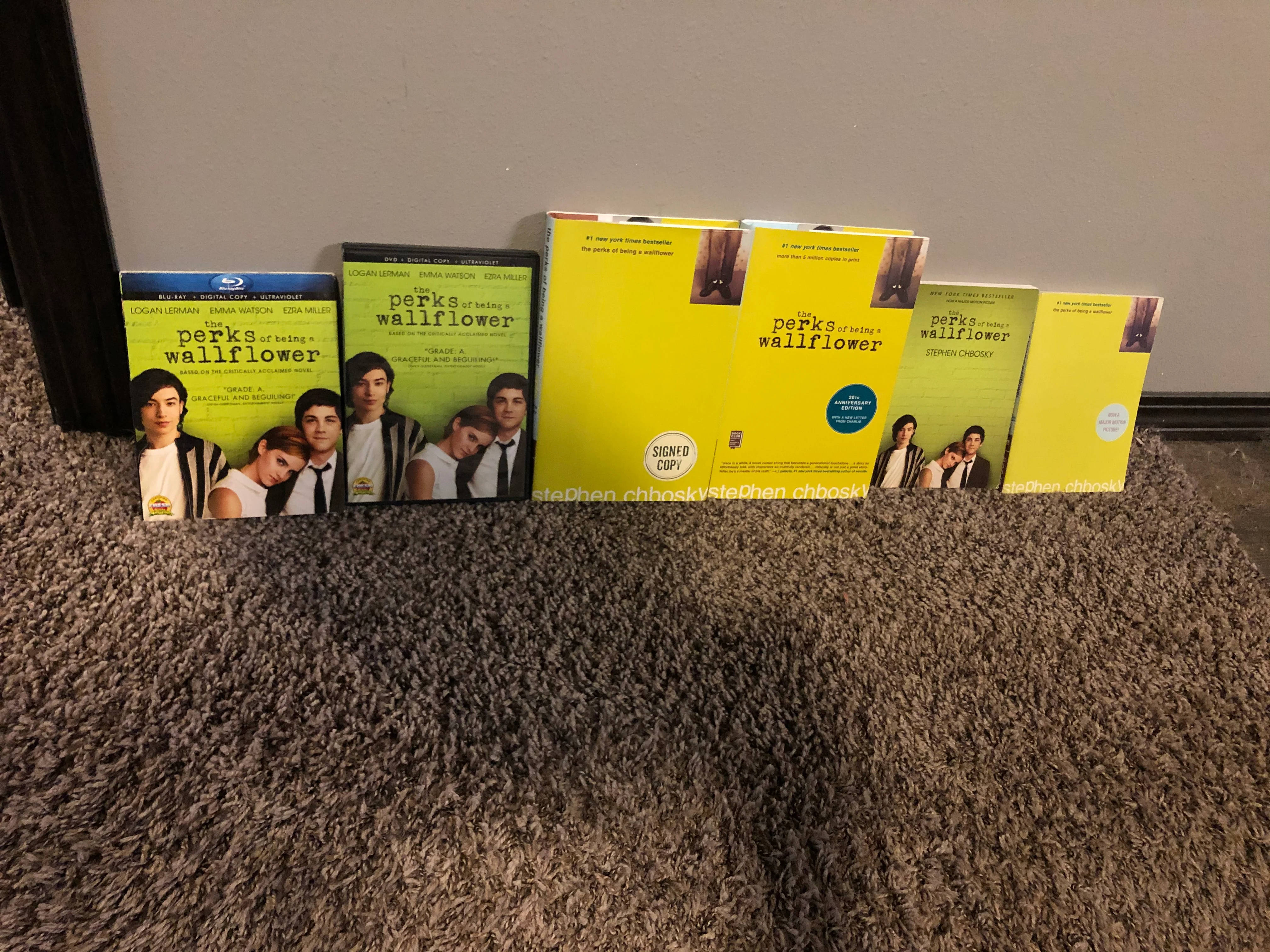 《壁花少年》經典電影場景 壁紙 — 五個不同版本的《Perks of Being a Wallflower》電影盒整齊地排列在質感灰色地毯上，靠著素牆。