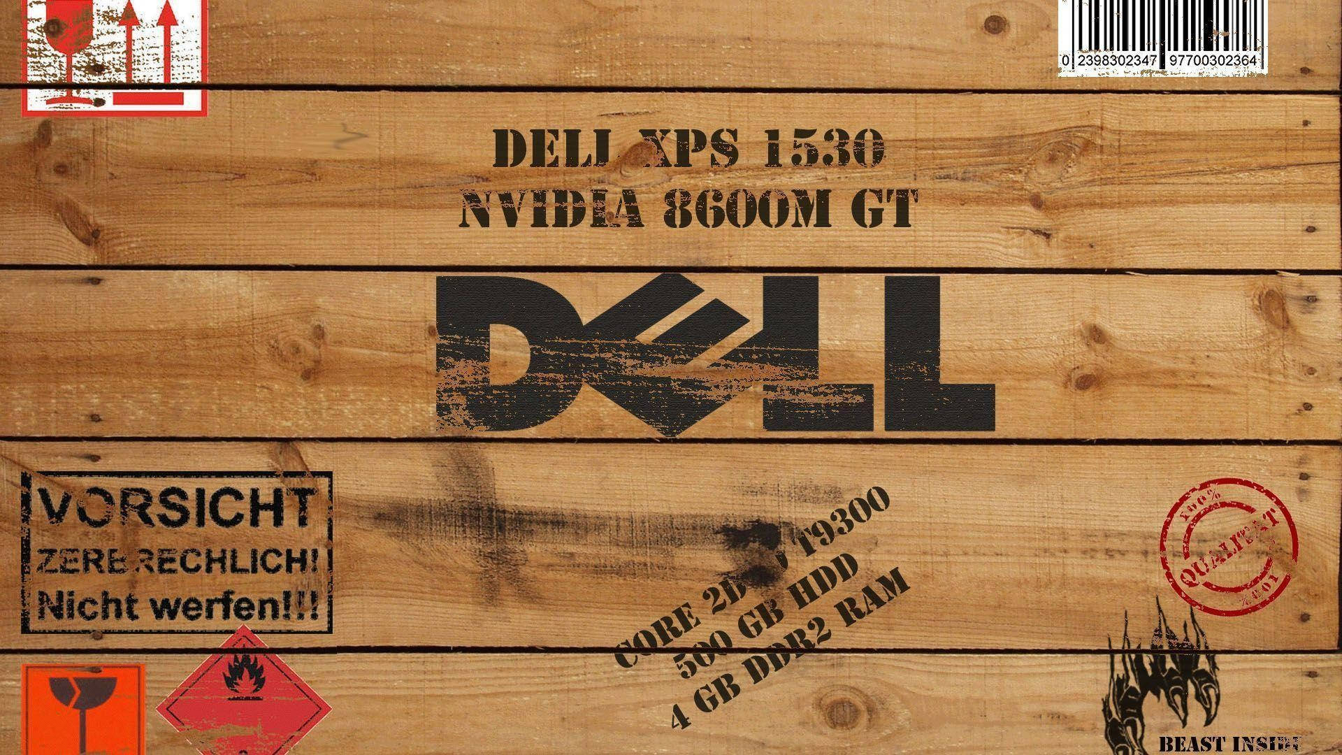 壓印式Dell HD標誌 壁紙 — 一個風化的木箱，上面標有 Dell XPS 1530 規格和德文警告貼紙。