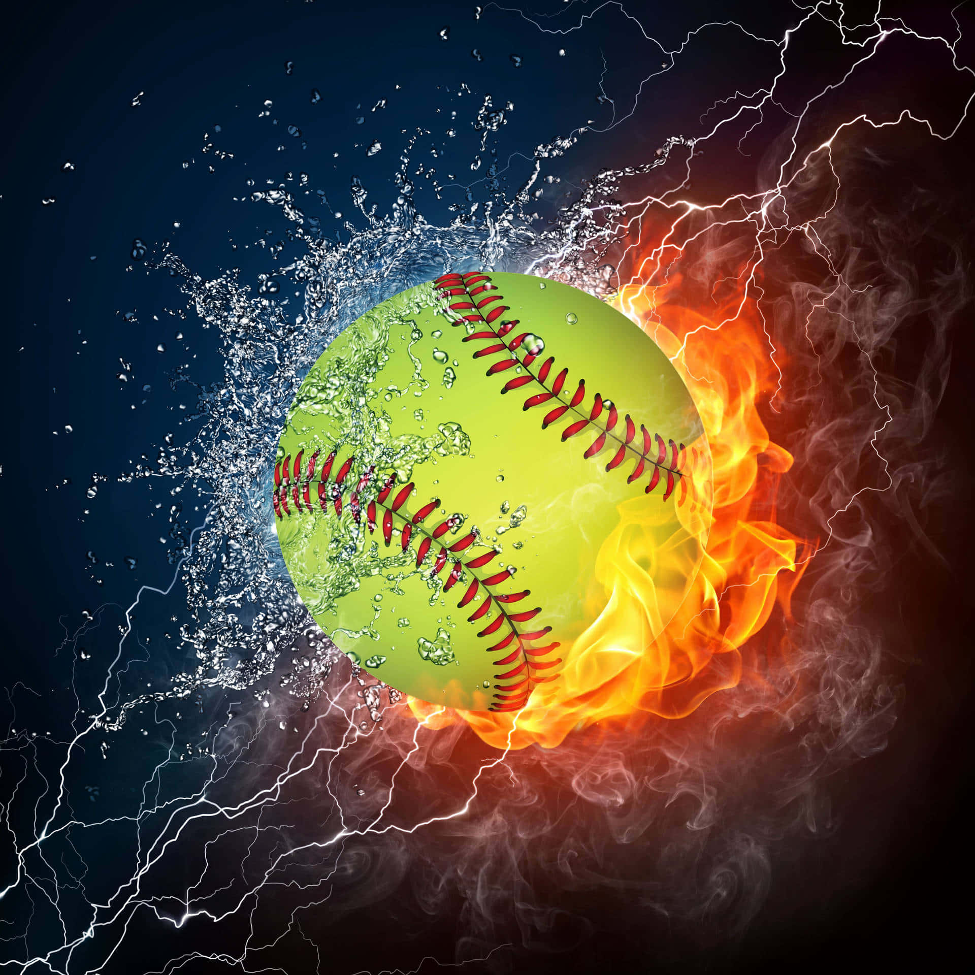 Softball 桌布 壁紙 — 壘球被水和火猛烈地劈開，周圍閃電劈啪作響，背景漆黑。