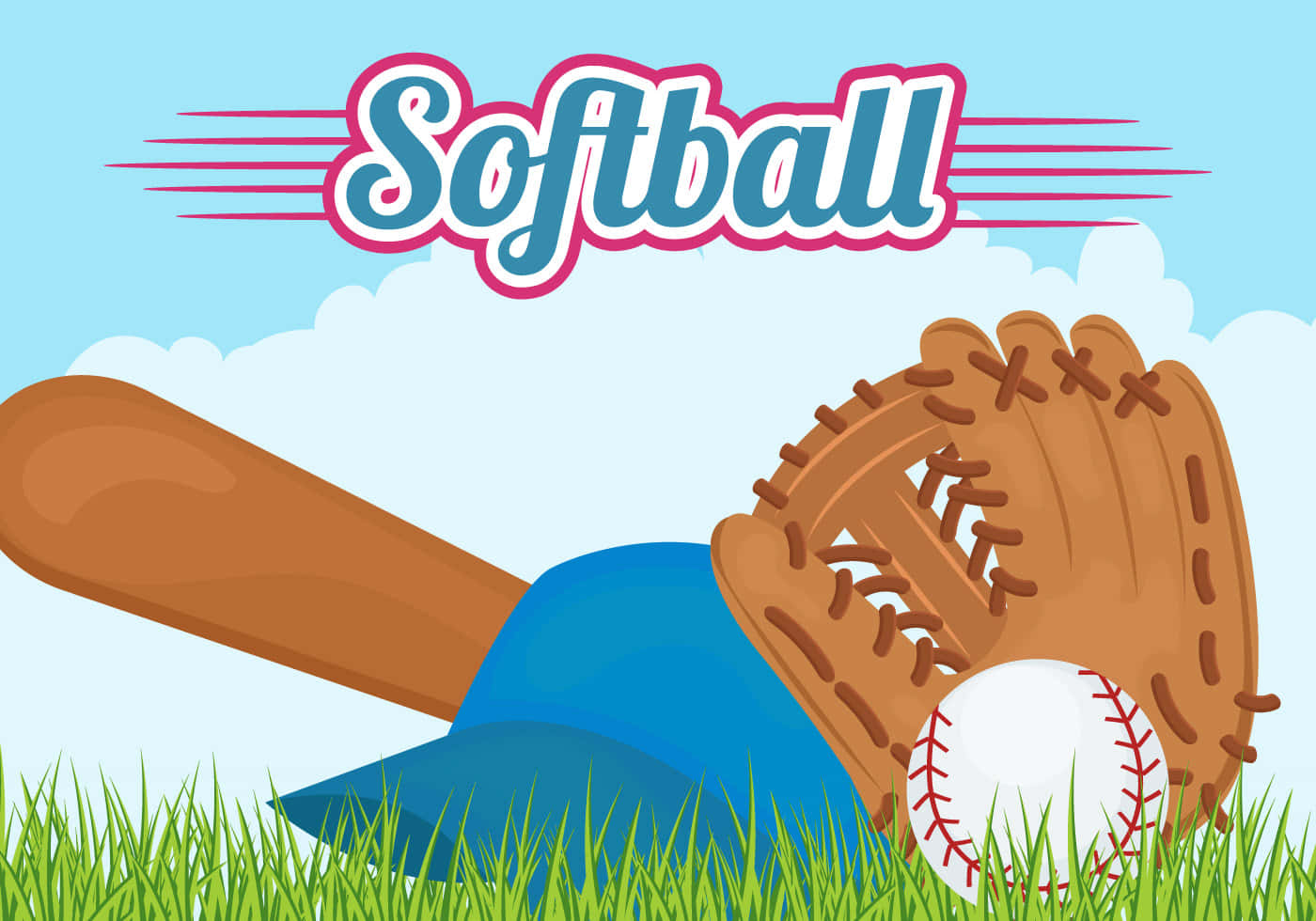 Softball 桌布 壁紙 — 壘球裝備包括球棒、手套、球和帽子，放在有雲的明亮藍天下嘅綠色草地上。