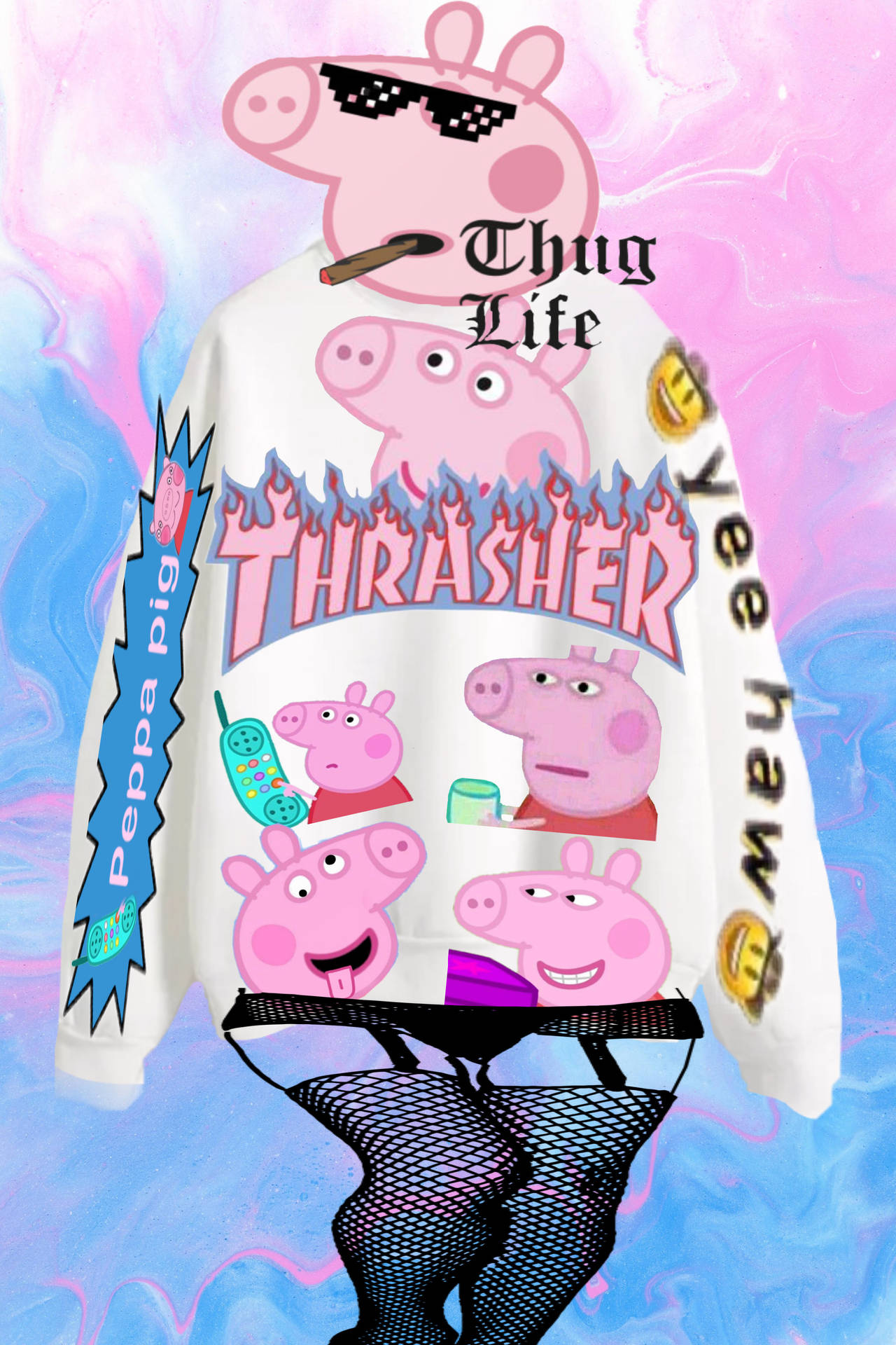 Peppa Pig 角色以惡棍風格出現在連帽衛衣上，帶有火焰和表情符號。