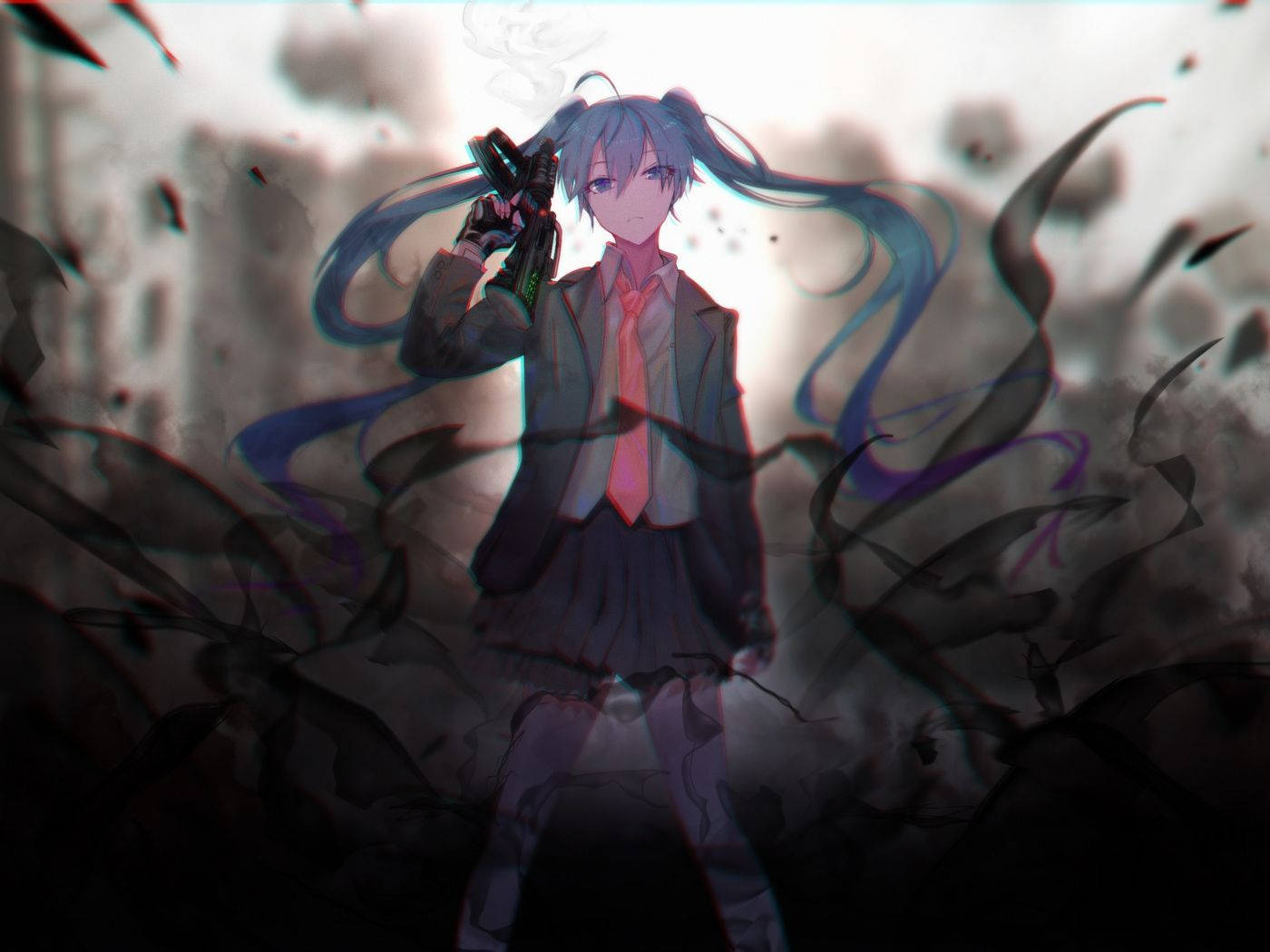 藍髮動漫少女在煙霧彌漫的混亂場景中手持槍支。