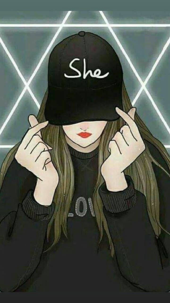 戴著寫有 'She' 的黑色帽子的女孩在霓虹網格前做出手指愛心手勢。