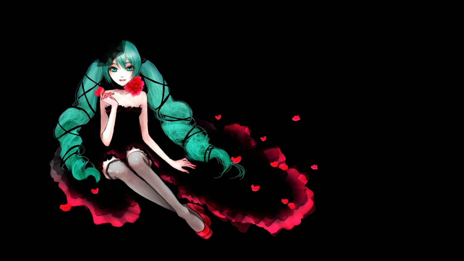 壞女孩動畫初音未來 壁紙 — 一位穿著黑色連衣裙、擁有青綠色頭髮的動漫女孩，在黑暗背景中優雅地坐著，周圍漂浮著紅色心形。