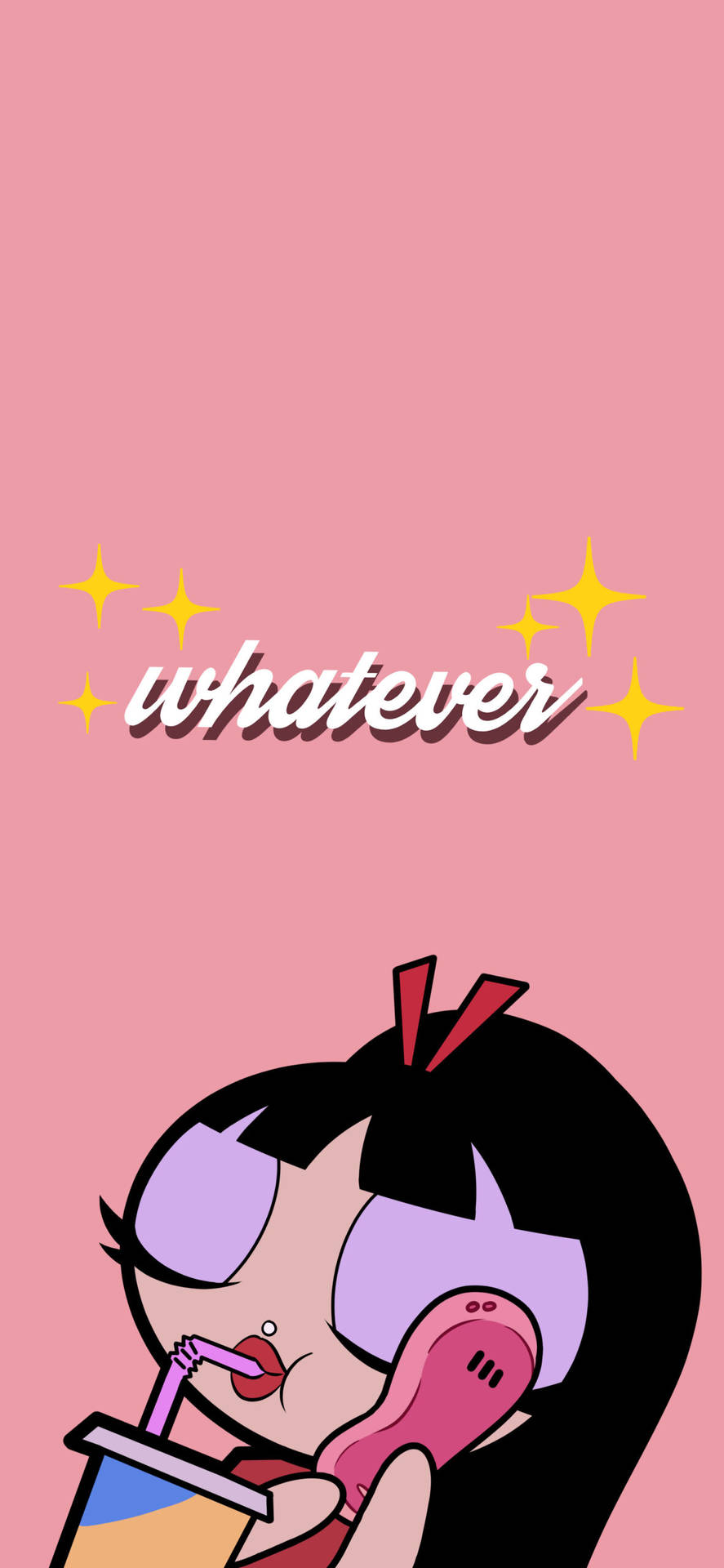 卡通女孩喝飲料，拿著帶有「whatever」文字和星星的粉紅色手機