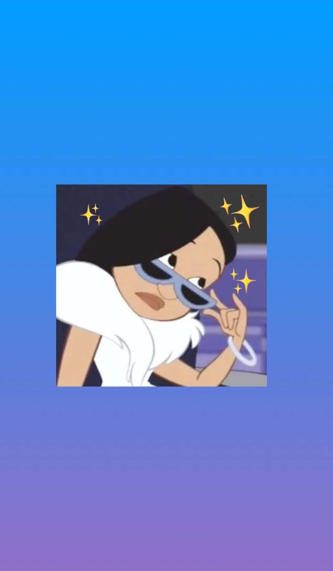 戴太陽眼鏡的卡通女孩比出和平手勢，周圍有閃爍亮片。
