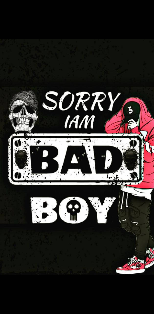 一個穿著紅色連帽衫的人物，手持帶有骷髏頭和塗鴉文字的「BAD BOY」車牌。