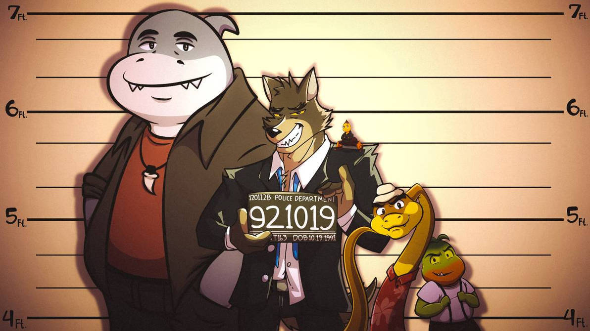 《壞蛋聯盟》藝術 壁紙 — 三個卡通動物角色在帶有警察局徽章的身高圖背景前擺姿勢拍攝疑犯照。