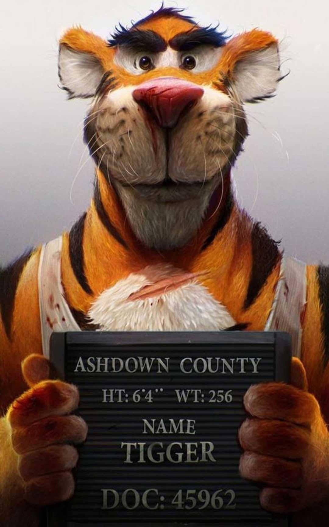 名為 Tigger 的卡通老虎在警方疑犯照中舉著寫有其資料的標牌。