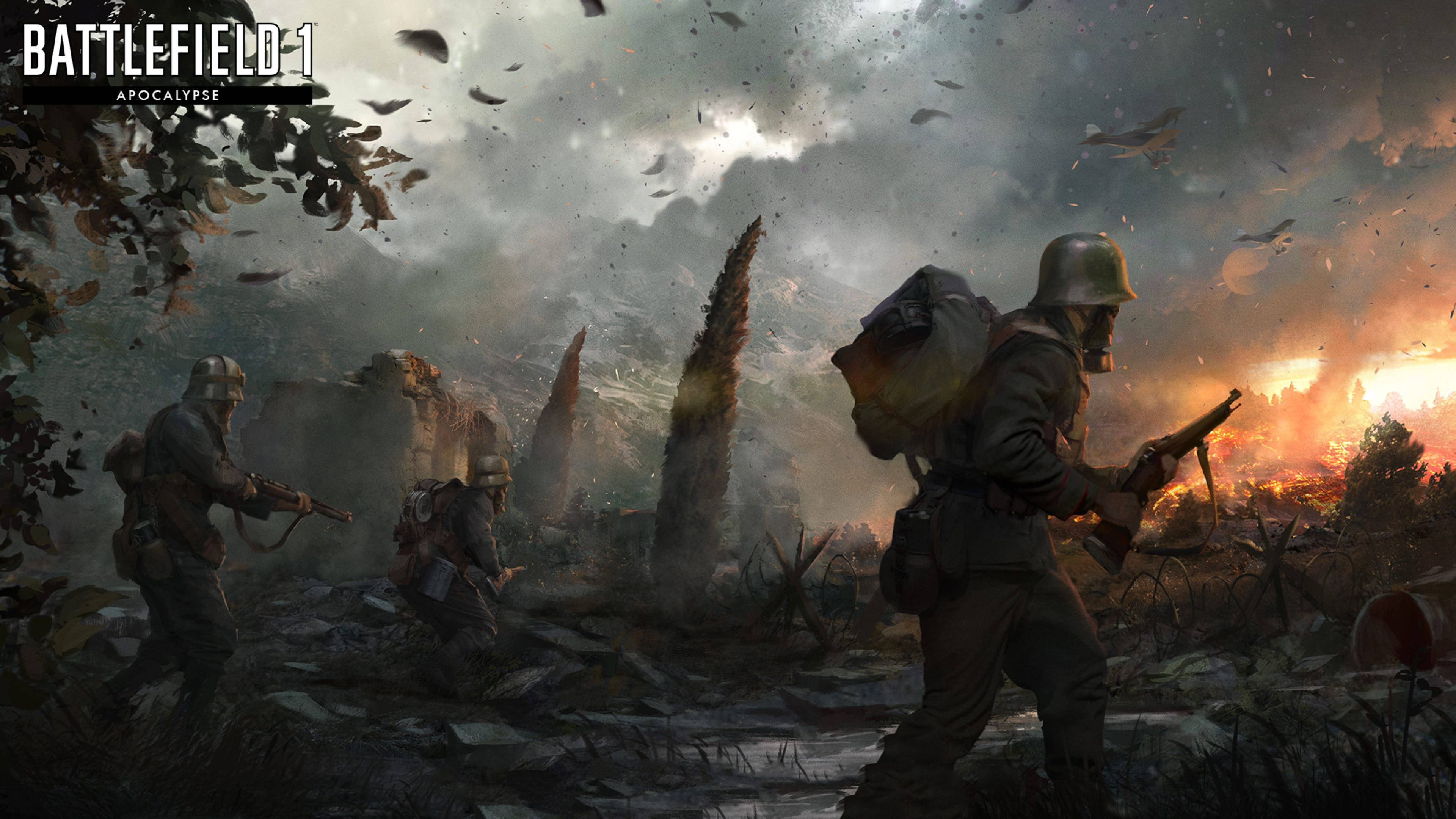 Battlefield 1 HD 桌布 壁紙 — 士兵們在暴風雨的天空下穿越破碎的戰場，爆炸和碎片充斥著空氣。