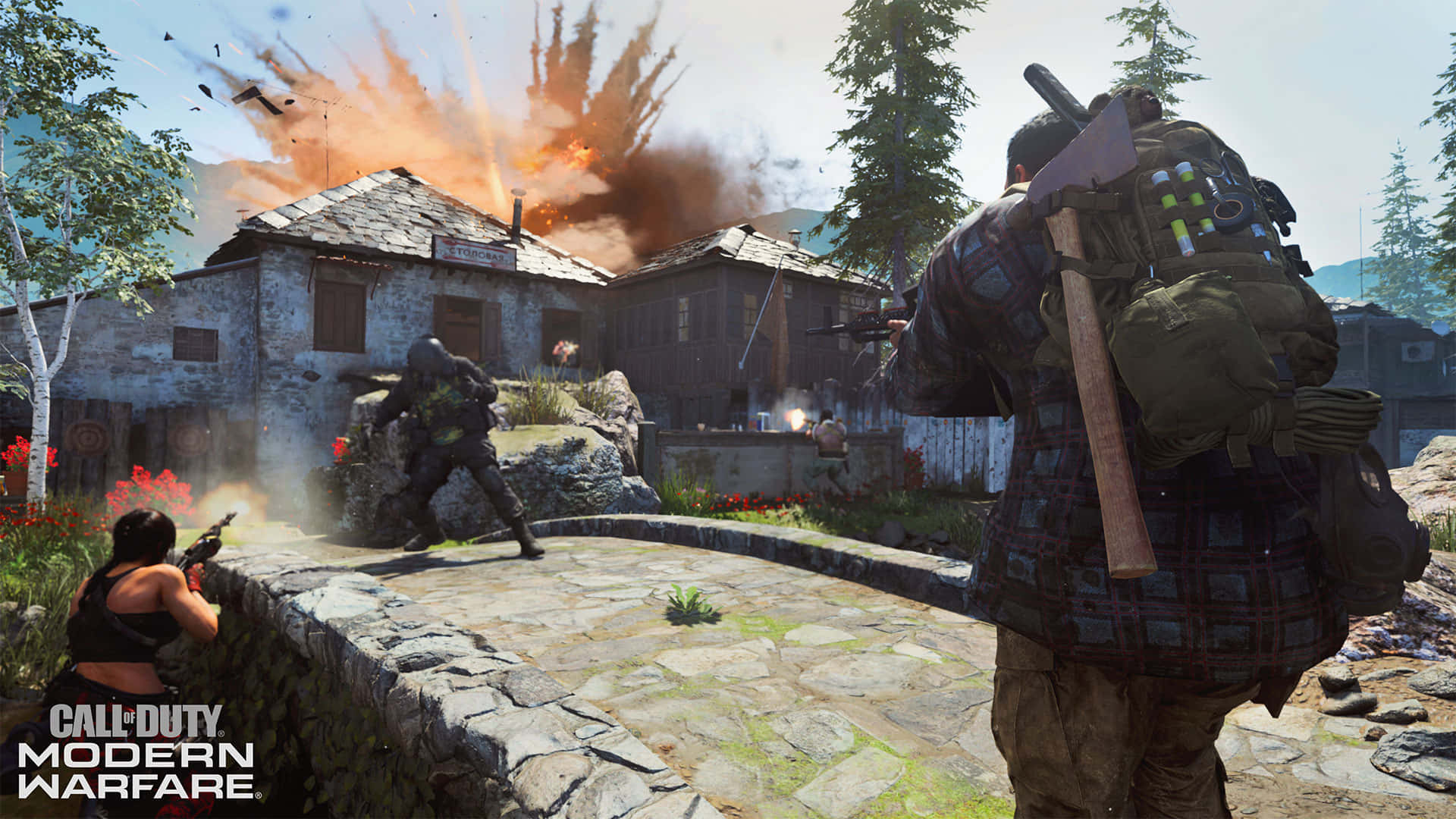 Call Of Duty Ps4 桌布 壁紙 — 士兵們在陽光明媚的鄉村村莊中，在爆炸的建築物中進行激烈的槍戰。
