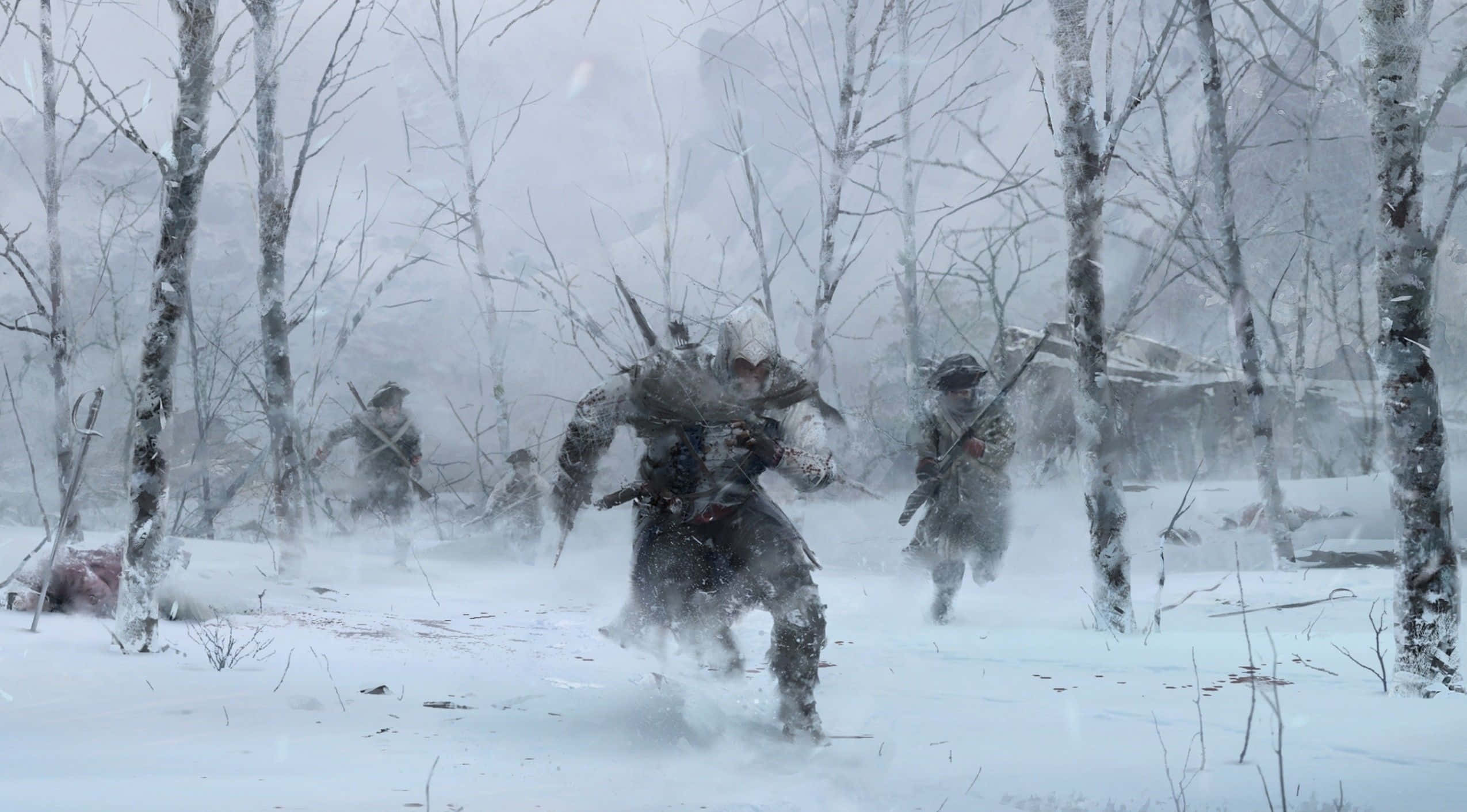 Winter Games 桌布 壁紙 — 士兵們身著重型裝備，在暴風雪中衝過白雪覆蓋的白樺林，地面上可見血跡。