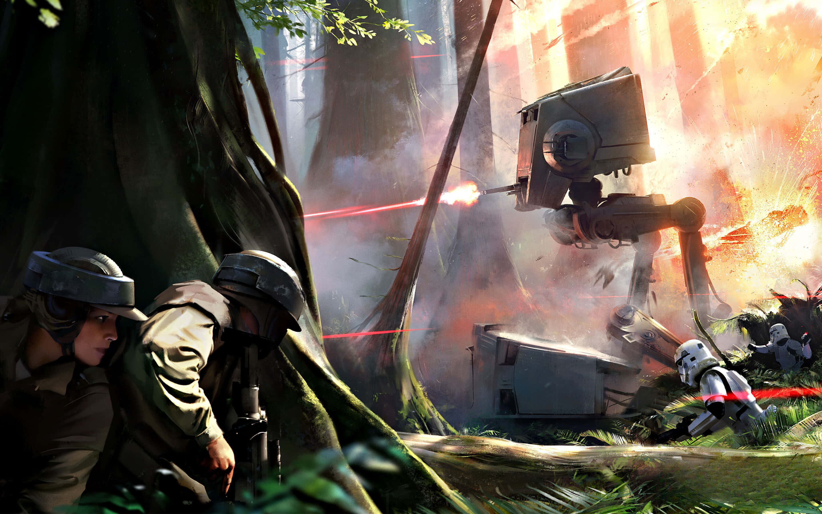 Star Wars Games 桌布 壁紙 — 士兵們躲在叢林樹葉中，AT-ST步行機在爆炸和煙霧中發射紅色激光。