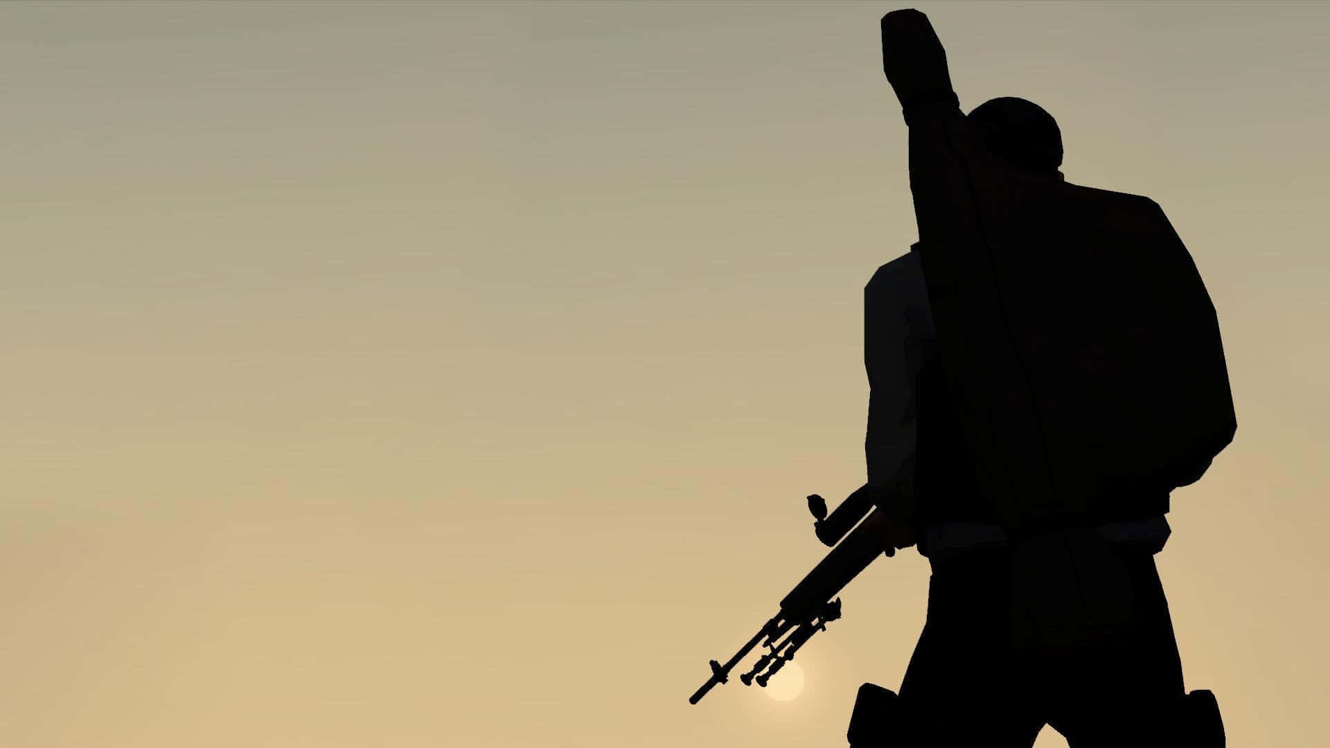 日落中士兵剪影舉起拳頭持步槍。