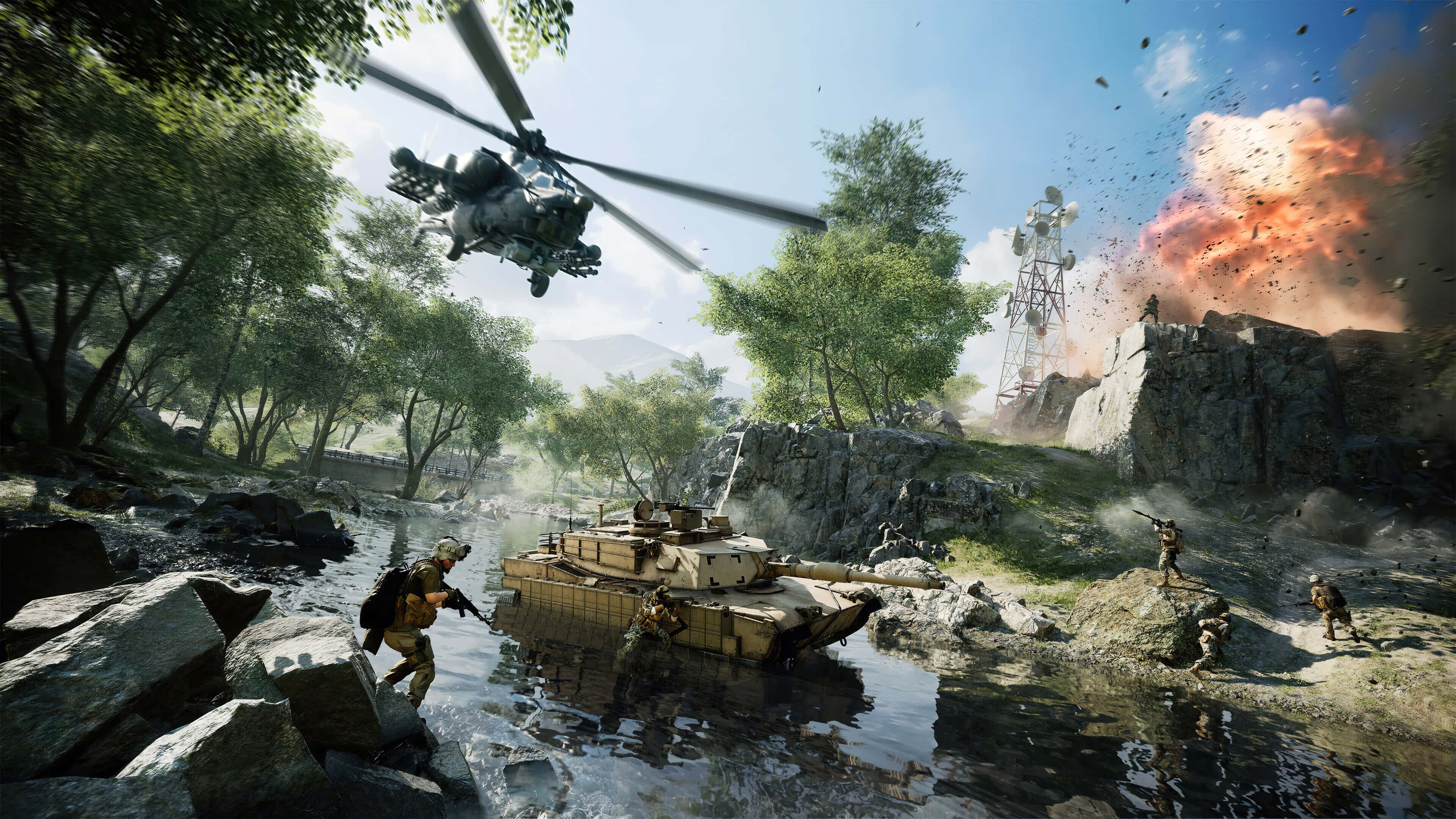 Fps 桌布 壁紙 — 士兵和一輛坦克在岩石河床上行進，一架直升機從頭頂飛過，懸崖上發生爆炸。